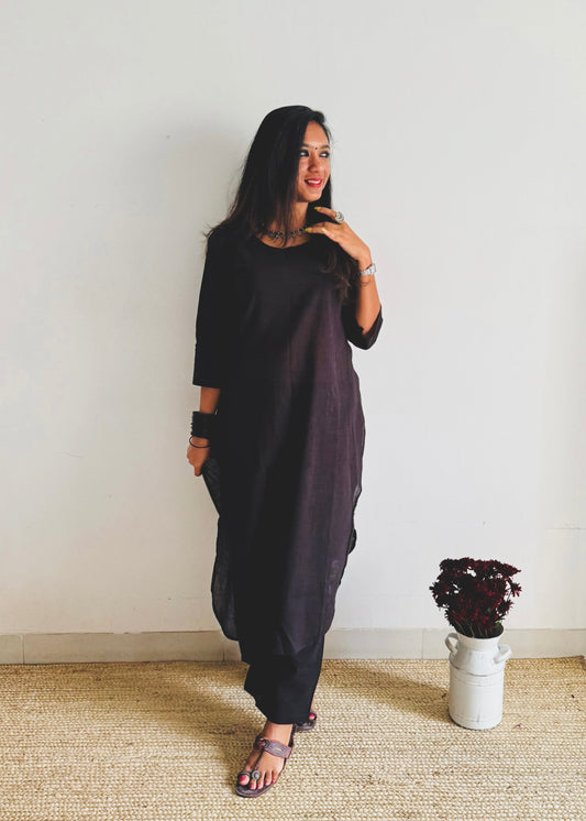 Black cotton round-neck stitched kurta co-ord set, three-fourth sleeves - YCSEBPSFE250
