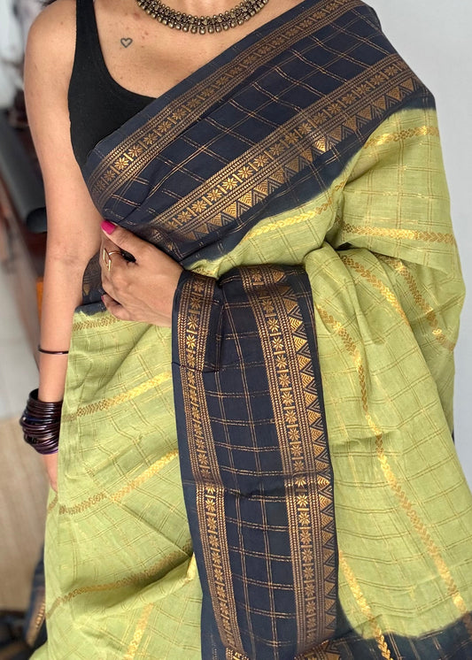 Pista green with black, Adayar checks with velthaari pattern, madurai cotton - YCCOTNOCSC08