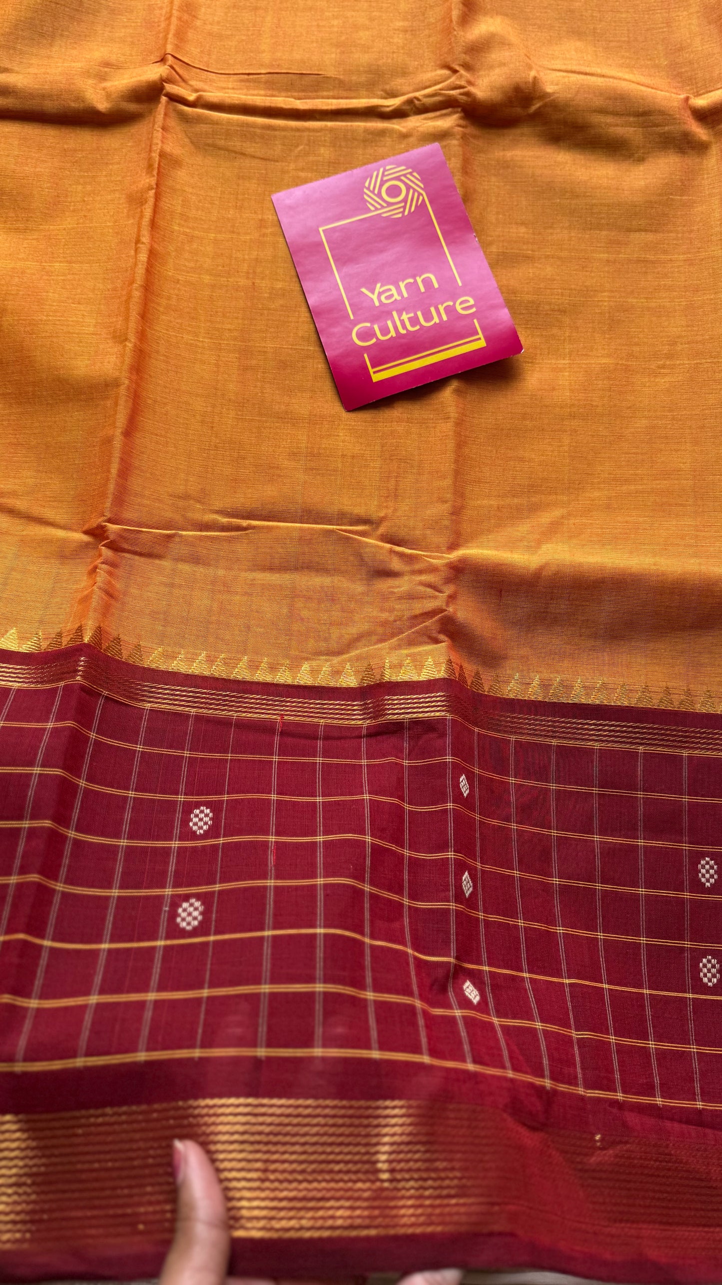 Orange and dark red contrast, Chettinad cotton saree with checkered border - YCCOTNMA268