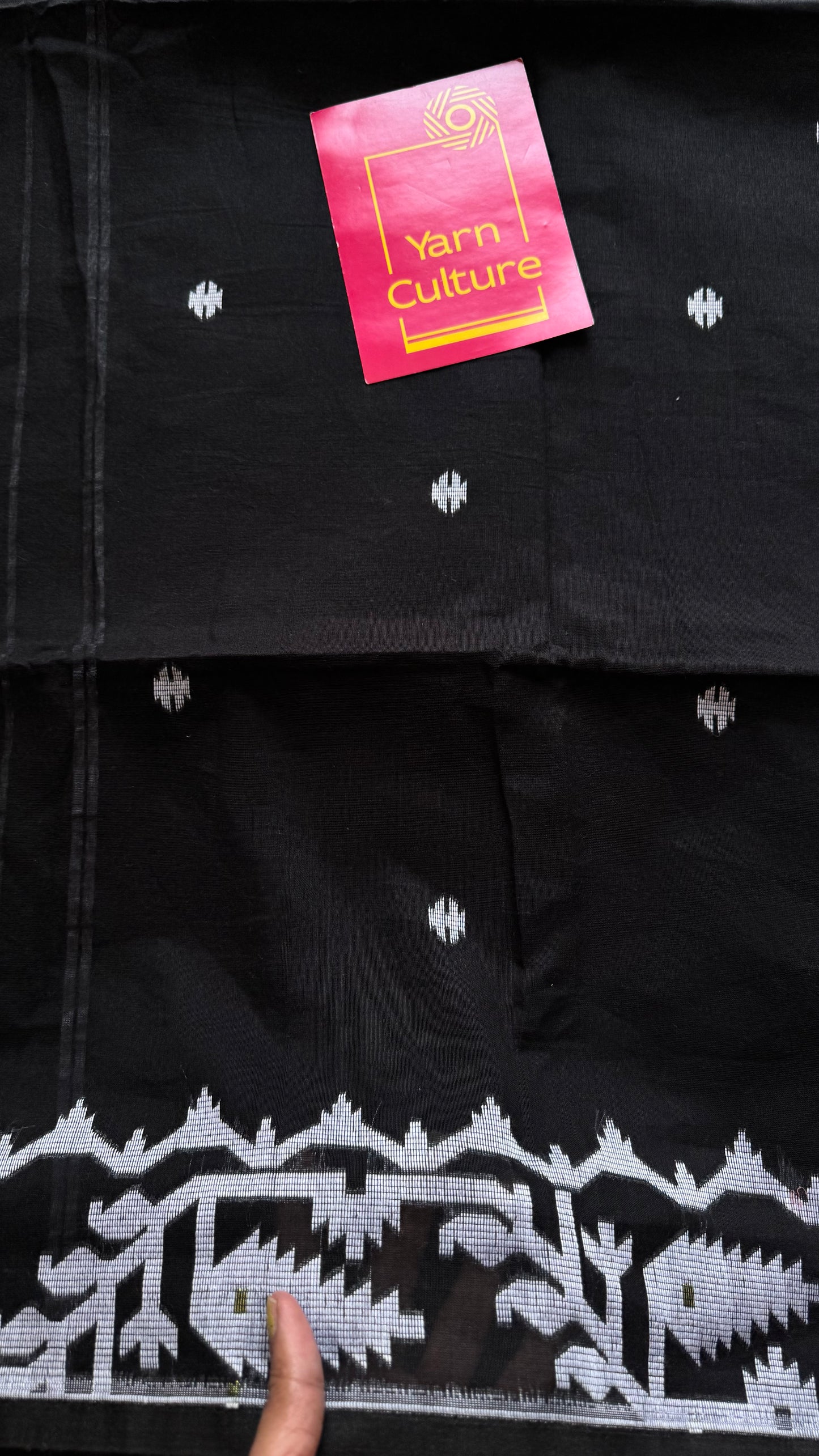 Black with white contrast jamdani saree in soft handloom cotton - YCBCJDFE377