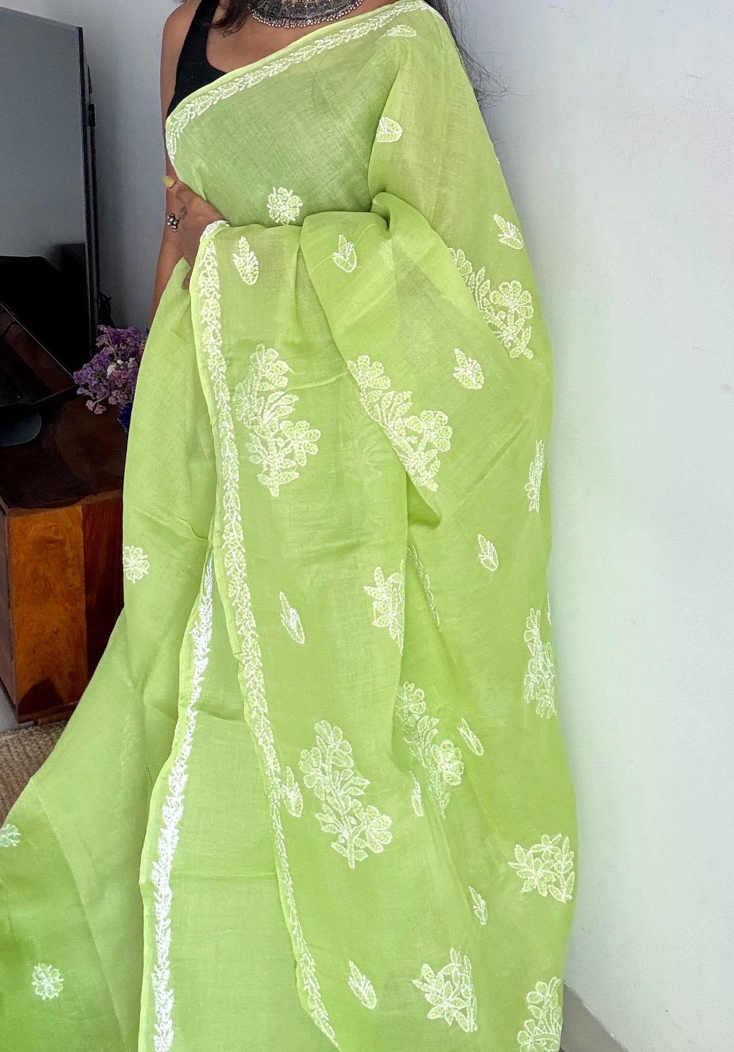 Saanjh - pista green hand-embroidered chikankari cotton saree - YCLCKFE415