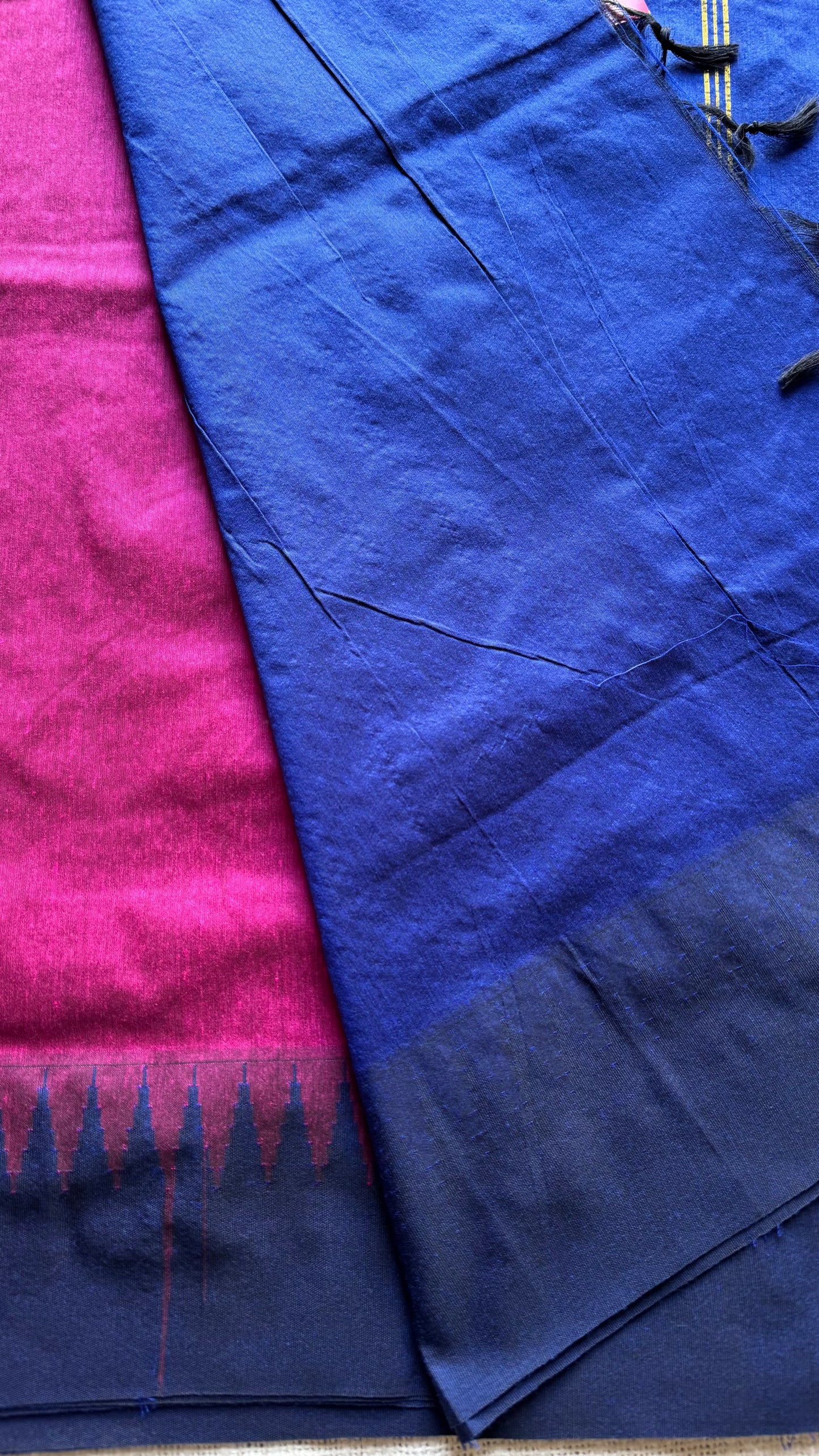 Magenta with blue contrast, temple border saree, cotton silk - YCCOTNTBFE62