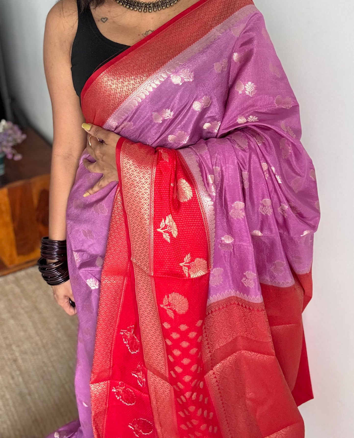 Lilac with red border, semi dupion silk - YCBLSSJA26