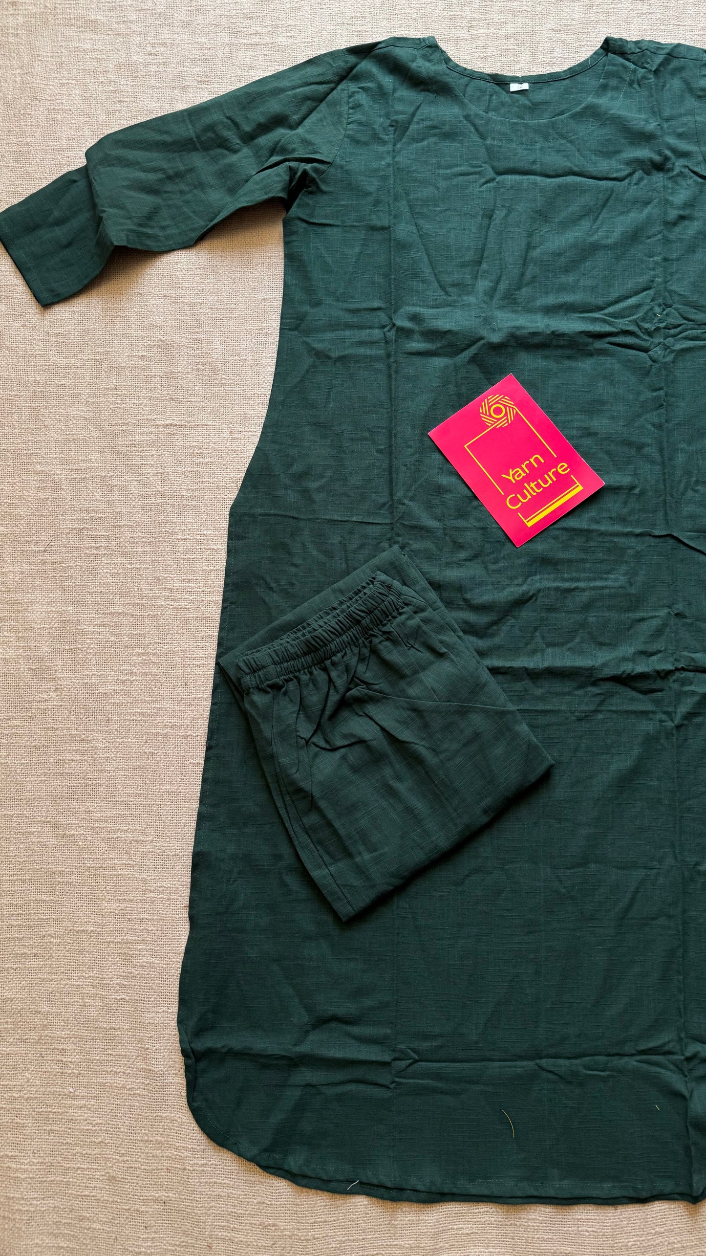 Dark green cotton round-neck stitched kurta co-ord set, three-fourth sleeves - YCSEBPSFE248