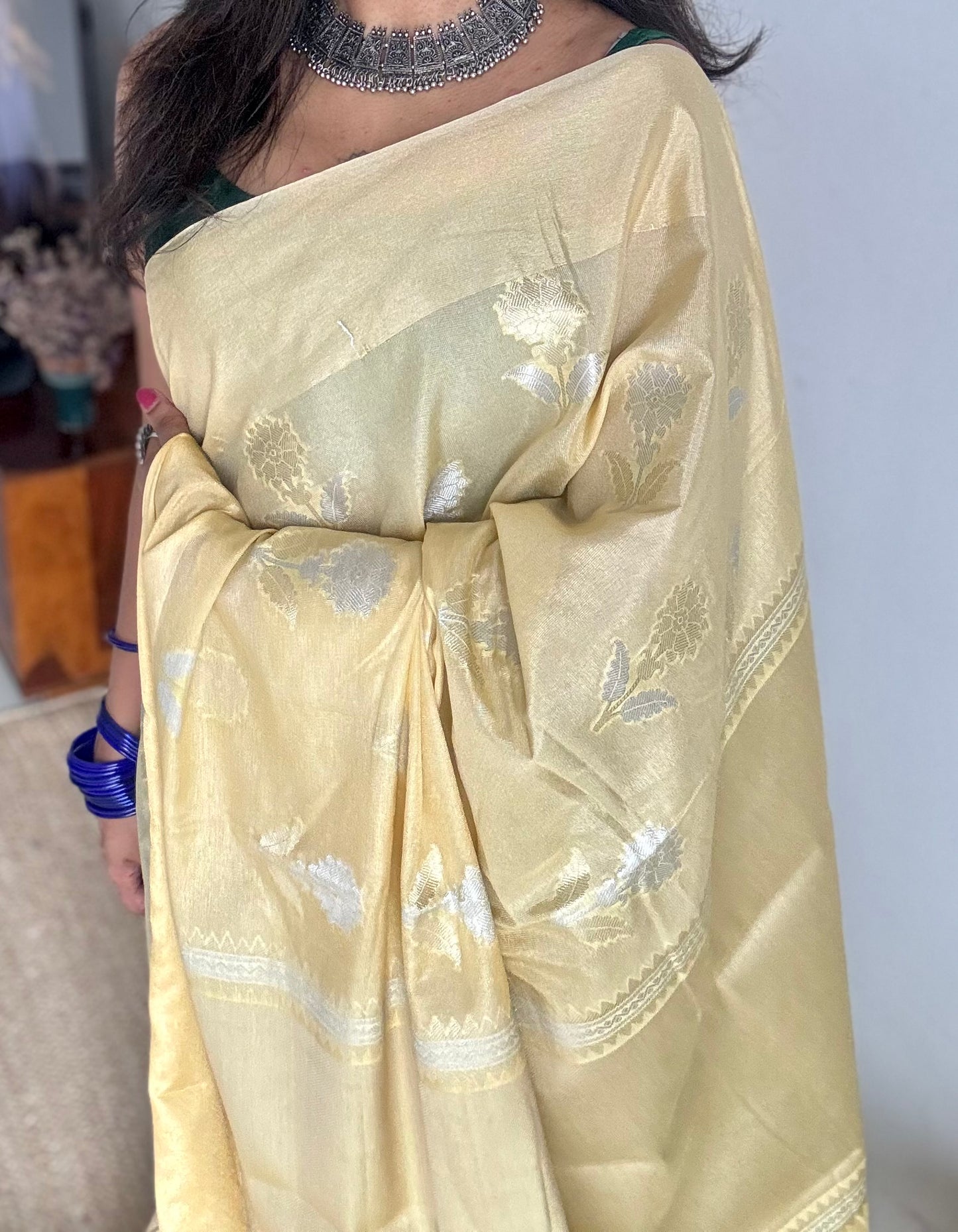 Cream with gold and silver floral buttas, Banarasi semi-crepe silk - YCDESE48