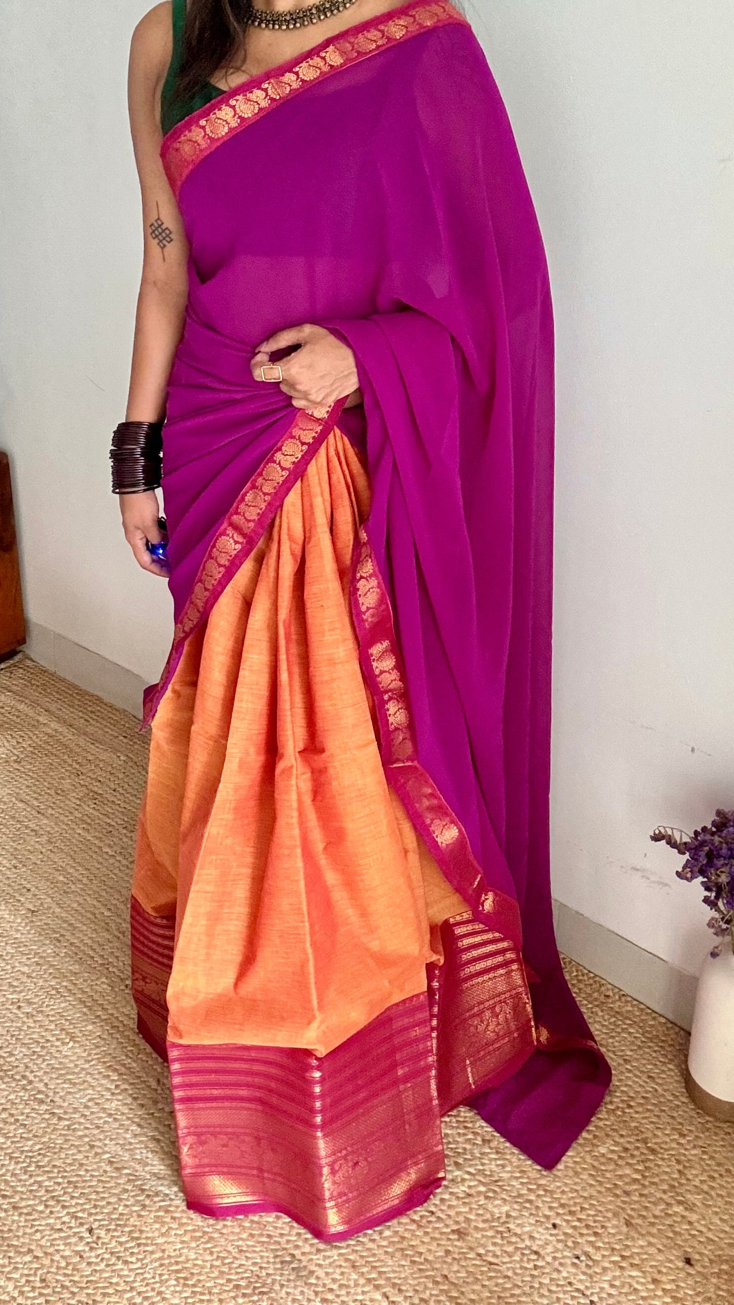 Orange - Magenta unstitched half saree material (dhavani), kanchi cotton - YCIEHS208