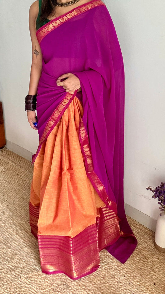 Orange - Magenta unstitched half saree material (dhavani), kanchi cotton - YCIEHS208