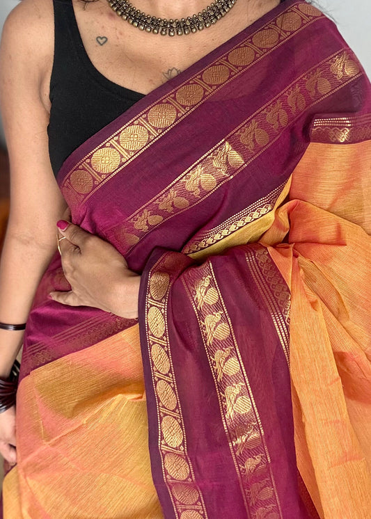 Light orange with maroon contrast border, chettinad cotton - YCCOTNOCCC02
