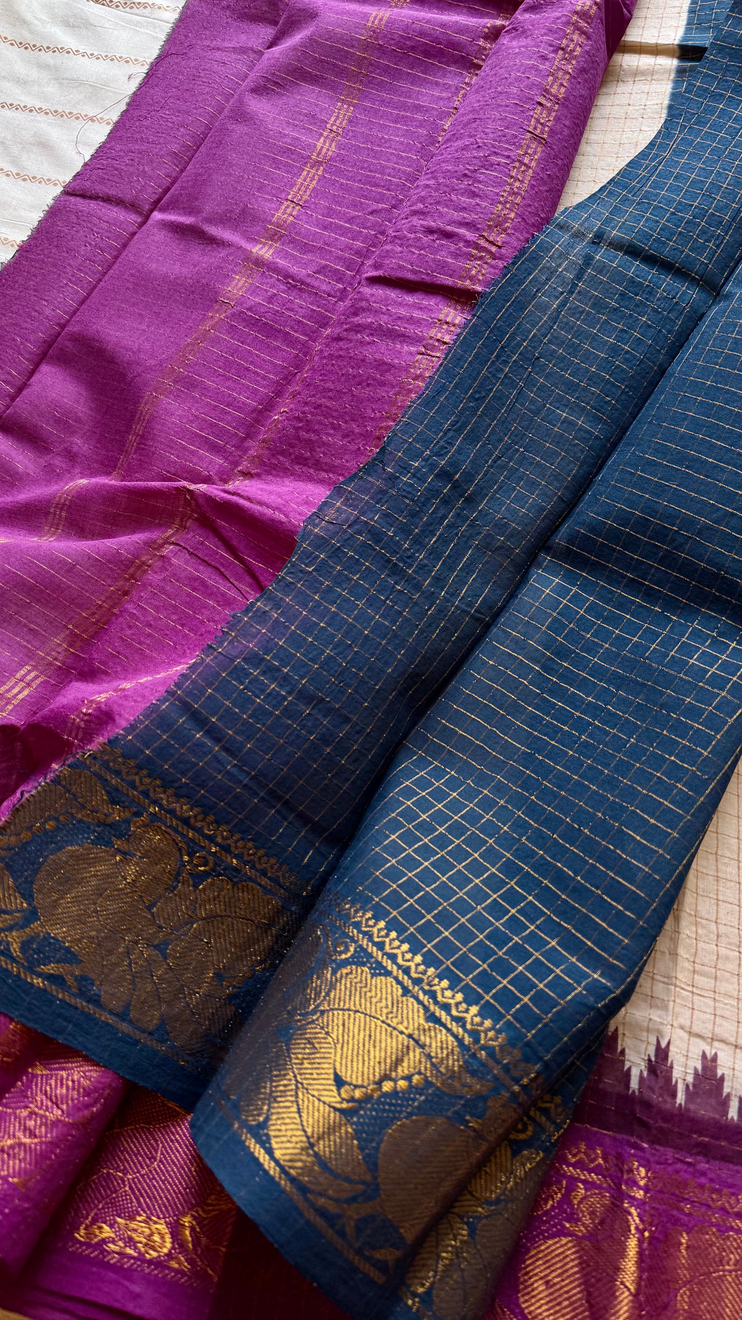 Sungudi cotton checks, ivory gold base, teal and magenta dual tone border, soft cotton - YCIEON101