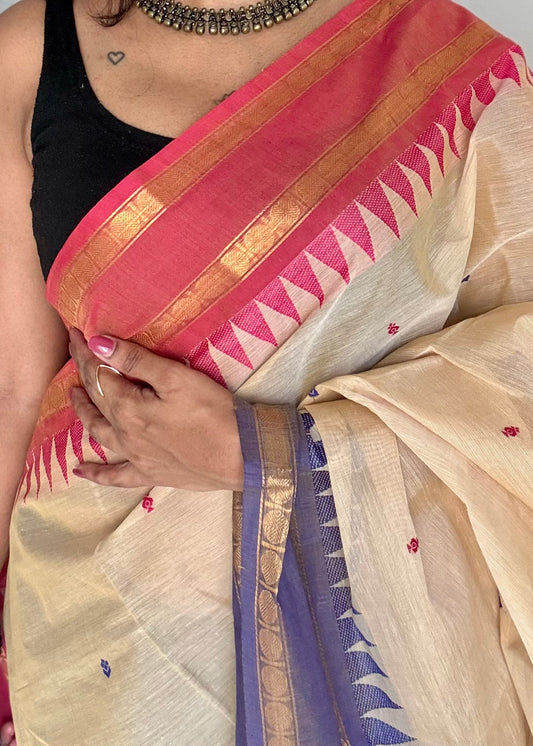 Kanchi cotton saree, cream with light red and violet dual border - YCCOTNAP99