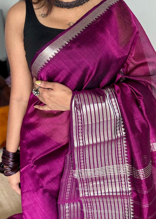 Purple pink with silver woven zari border, mangalgiri silk cotton, handwoven, soft, light weight- YCWOTDFEM406