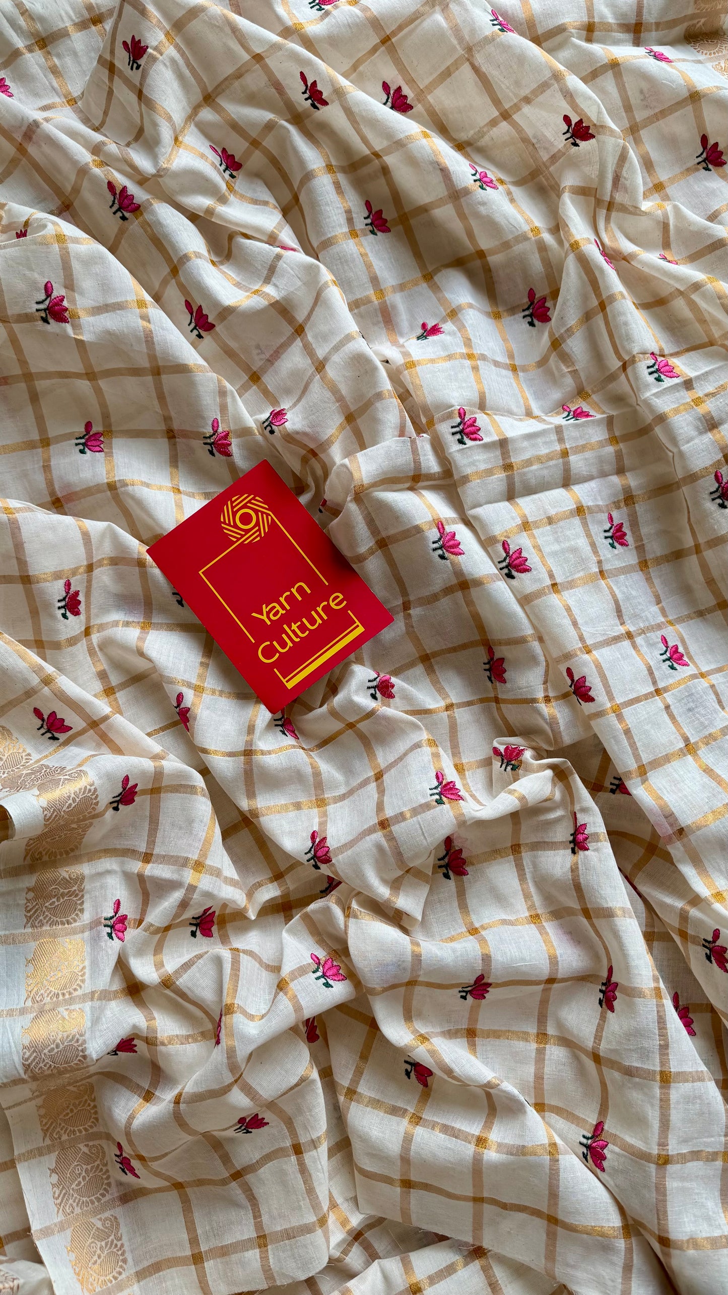 Sradha : Thaamara Kattam - pink lotus embroidery, ivory & gold, soft cotton - YCIEON167