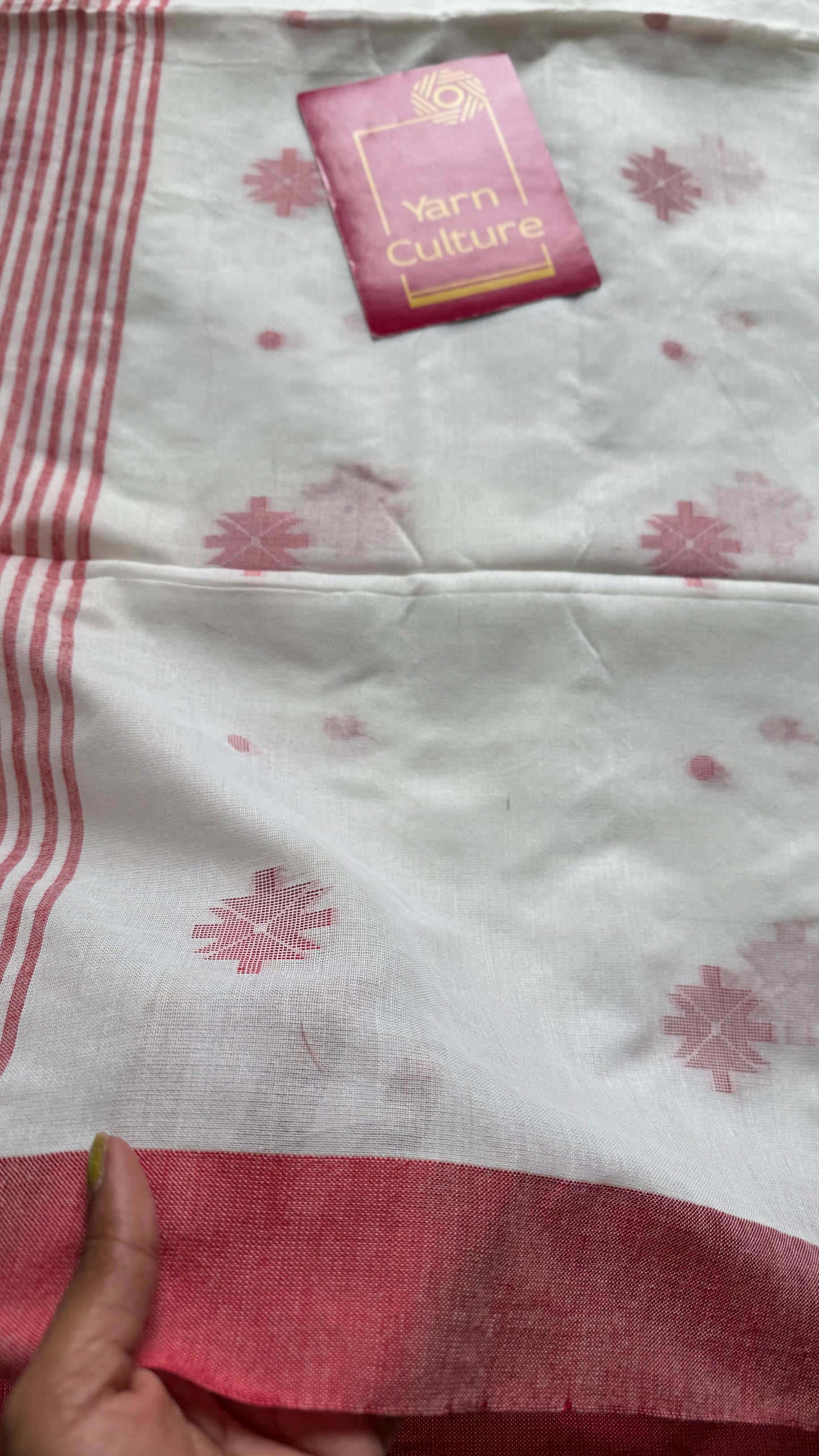 White with red border, jamdani motifs, soft cotton - YCBCDP08