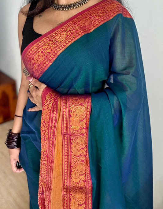 Peacock blue with dark pink wide border, narayanpet soft cotton saree - YCWOTDAUG02