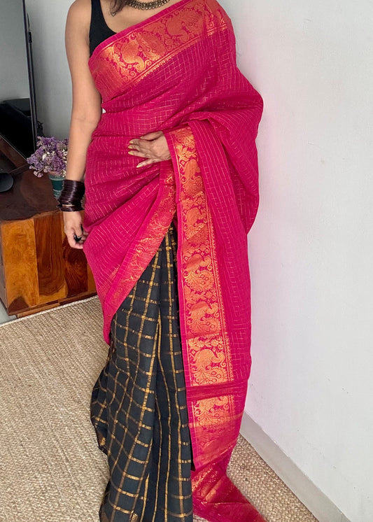 Hot pink with black, sungudi cotton half-half saree - YCCOTNMSFE364