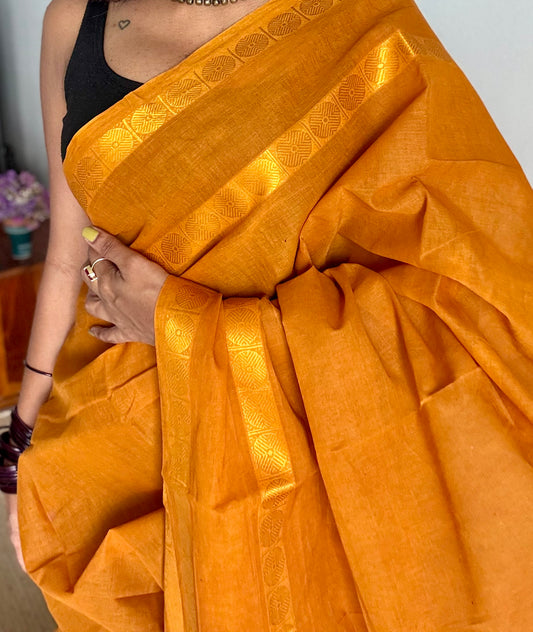 Turmeric yellow with round motif gap border, kattuchayam dyed madurai cotton saree - YCCOTNMSFE112