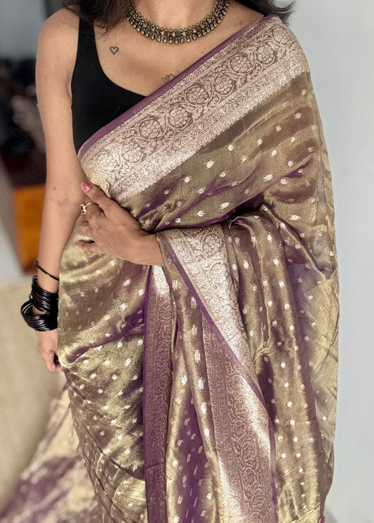 Purple brown with gold double tone, soft crushed tissue, thread zari - YCDOSFEJUTB11