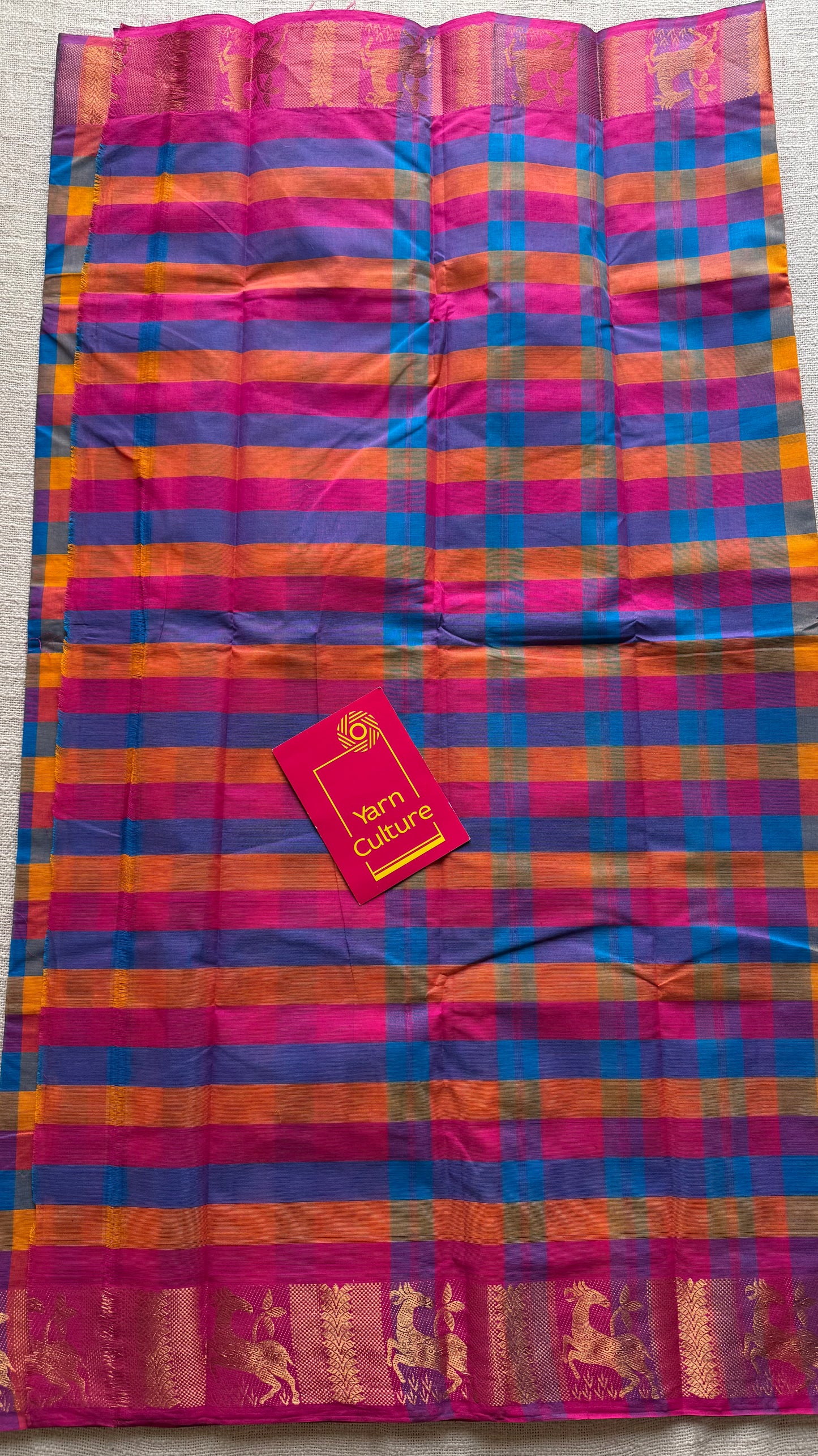 Multicolour Chettinad cotton saree with paalum pazhamum checks (pink, violet, blue, orange) - YCCOTNCCFE341