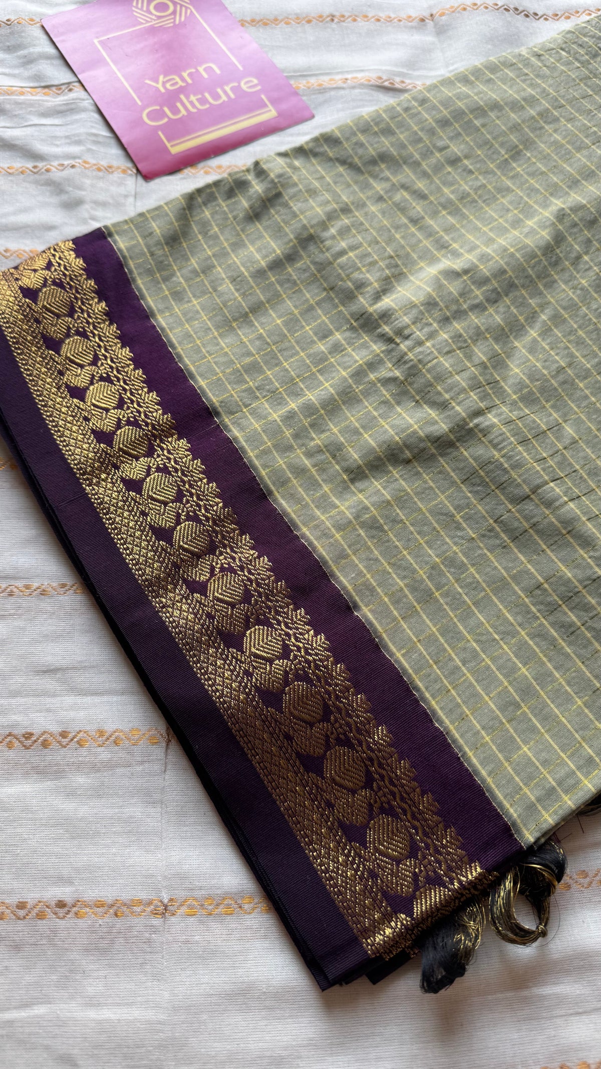 Warm grey with purple, zari checkered saree, cotton silk - YCCOTNKCOC105