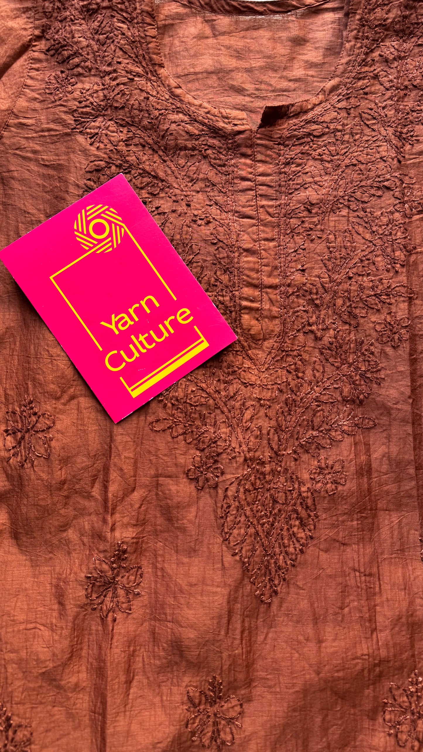 Brown muslin chanderi chikankari with bakhiya work, stitched kurta, round neck, three fourth sleeves - YCSECK29