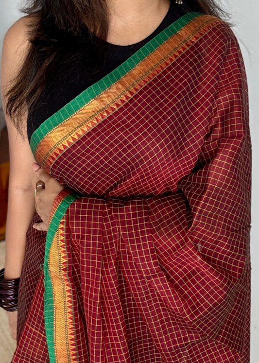Deep maroon checks - cotton silk blend, premium narayanpet - YCWOTDNPC09