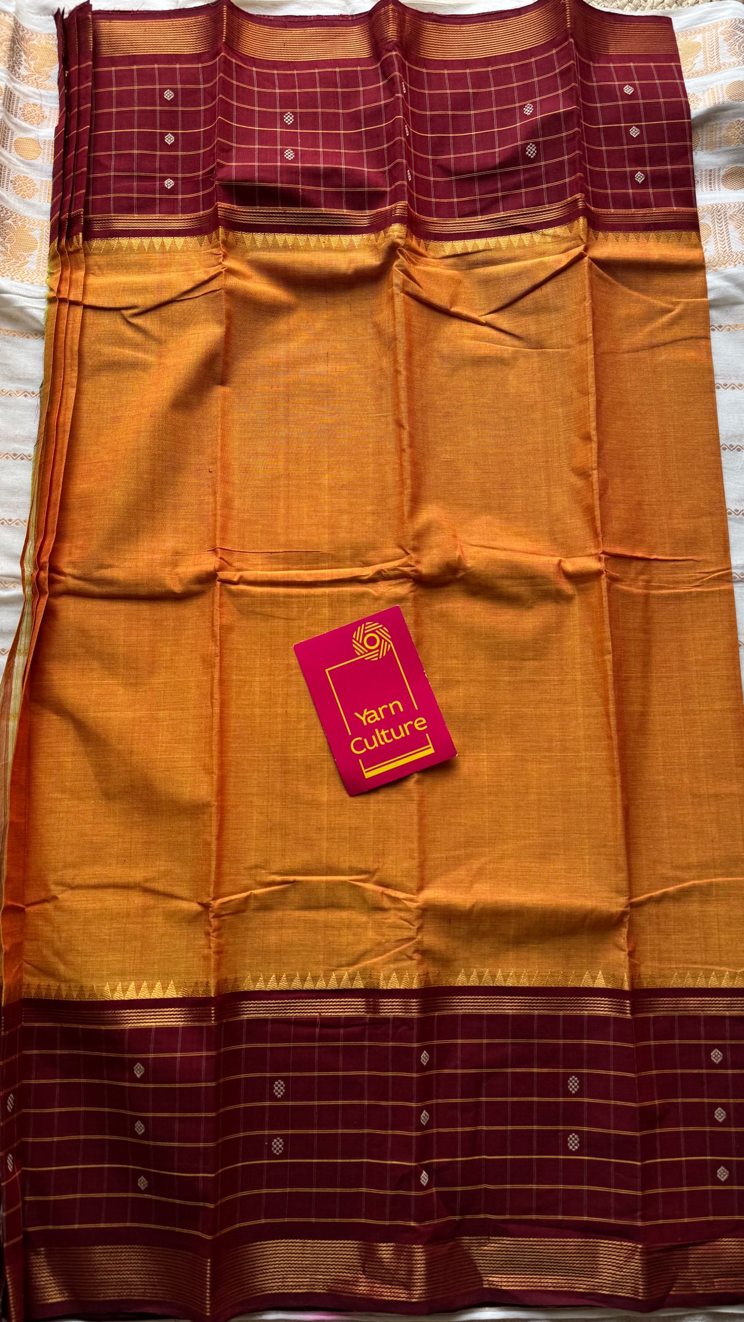 Orange and dark red contrast, Chettinad cotton saree with checkered border - YCCOTNMA268