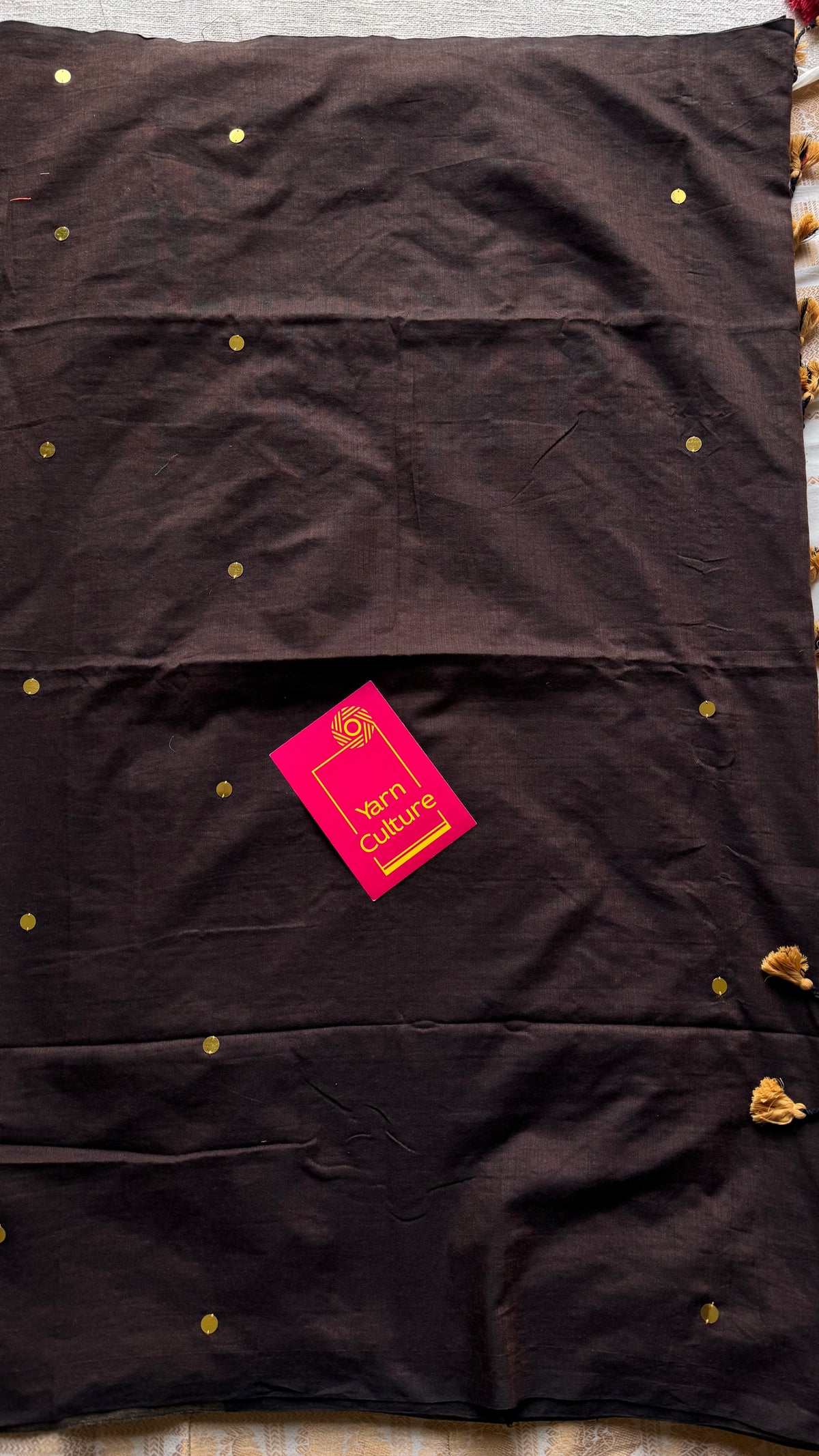 Brown with warm grey contrast pallu, gini sequins, soft cotton saree - YCBCSCOC09