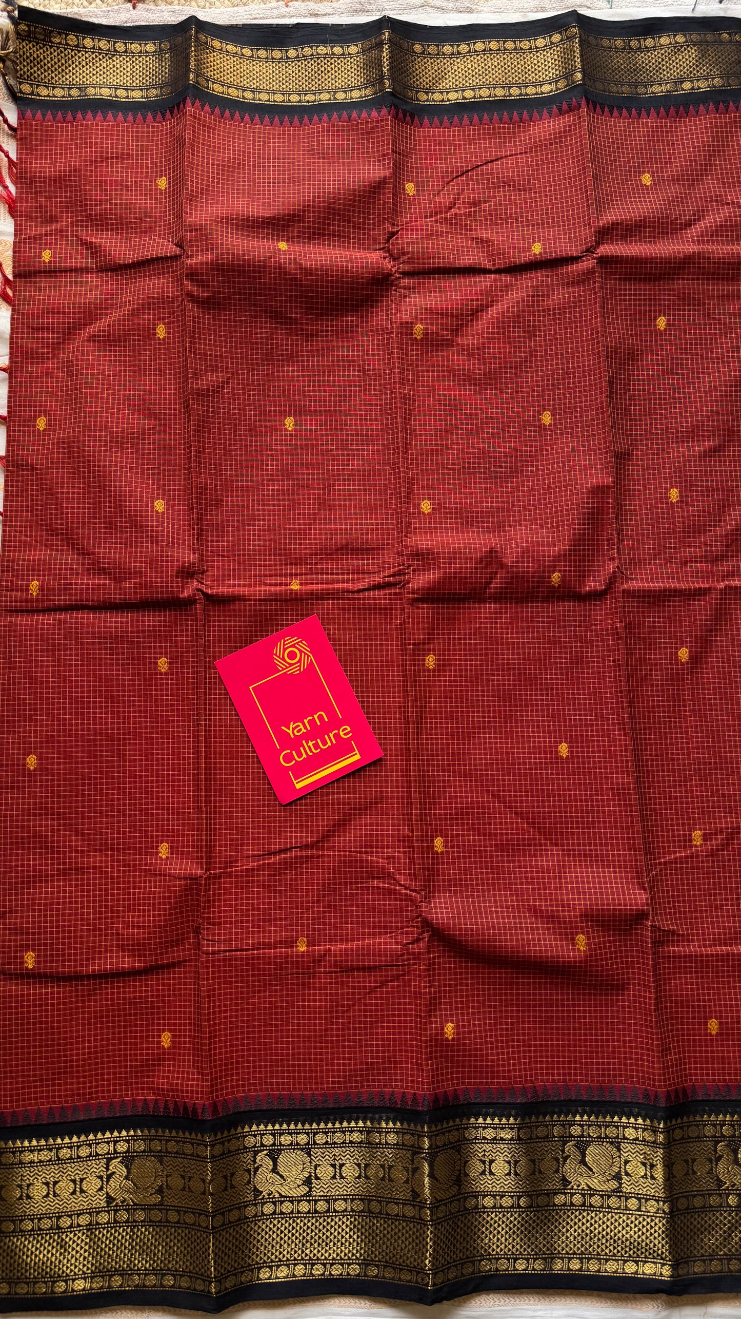 Brick red with black contrast, checkered kanchi cotton saree - YCCOTNJU20
