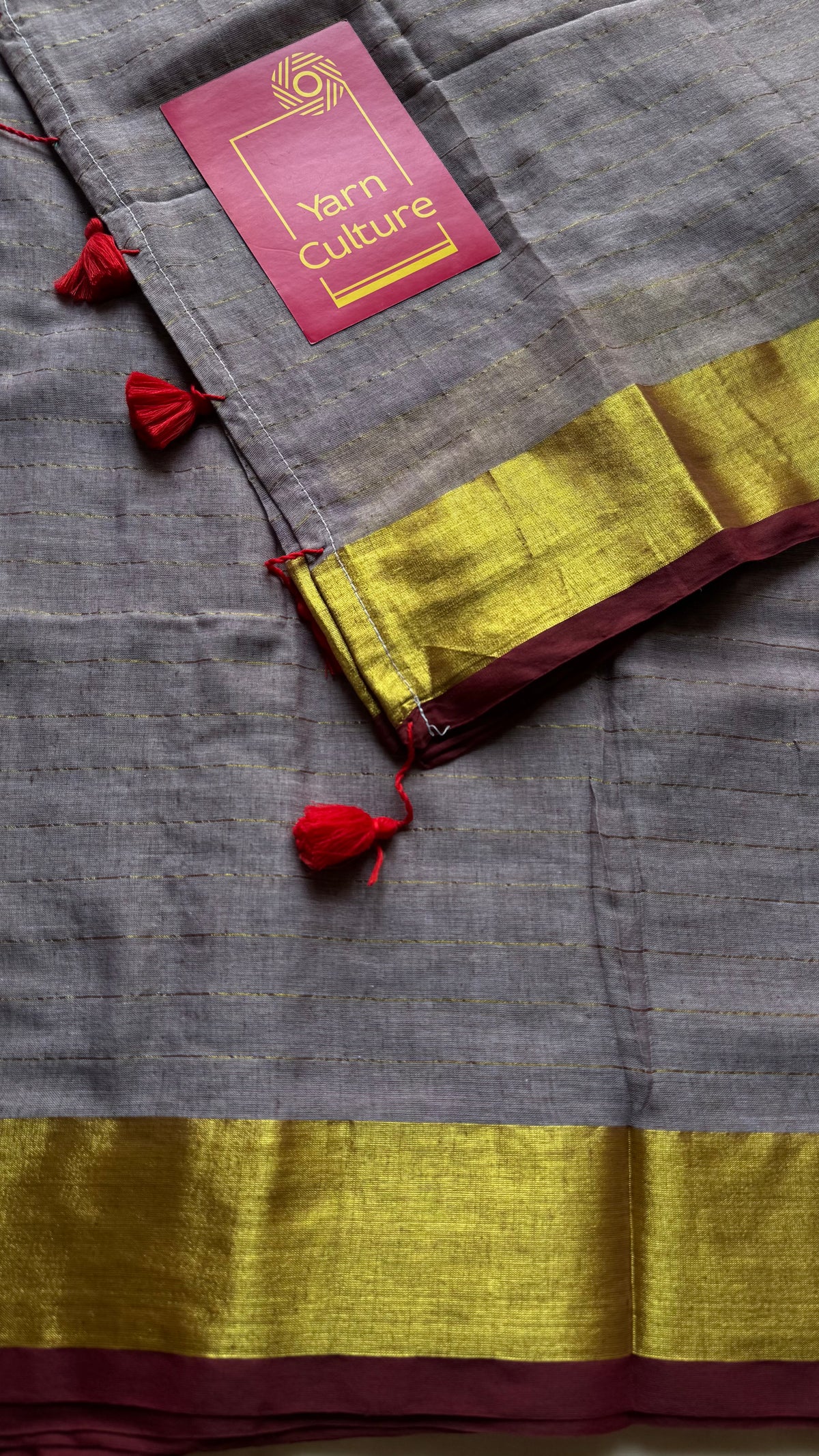 Grey mul cotton saree with zari stripes and maroon highlighted border - YCBCMCSE35
