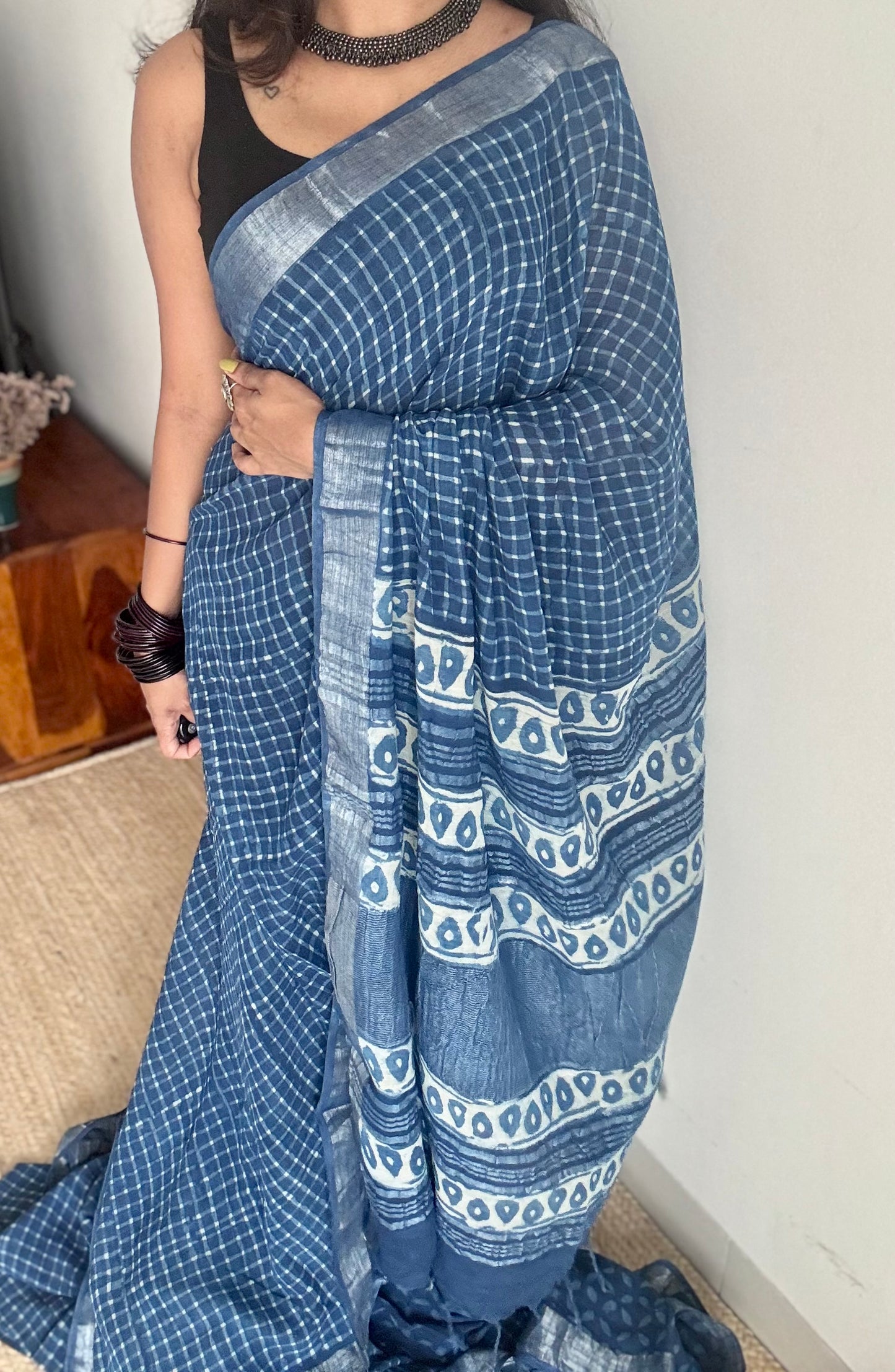 Indigo linen, small checks, silver zari border -YCTORNOP17