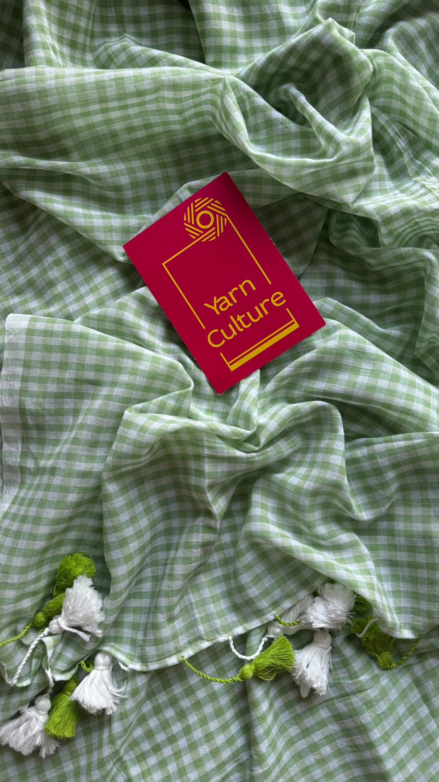 Light green and white checkered mul cotton saree  - YCBCMCCMA27