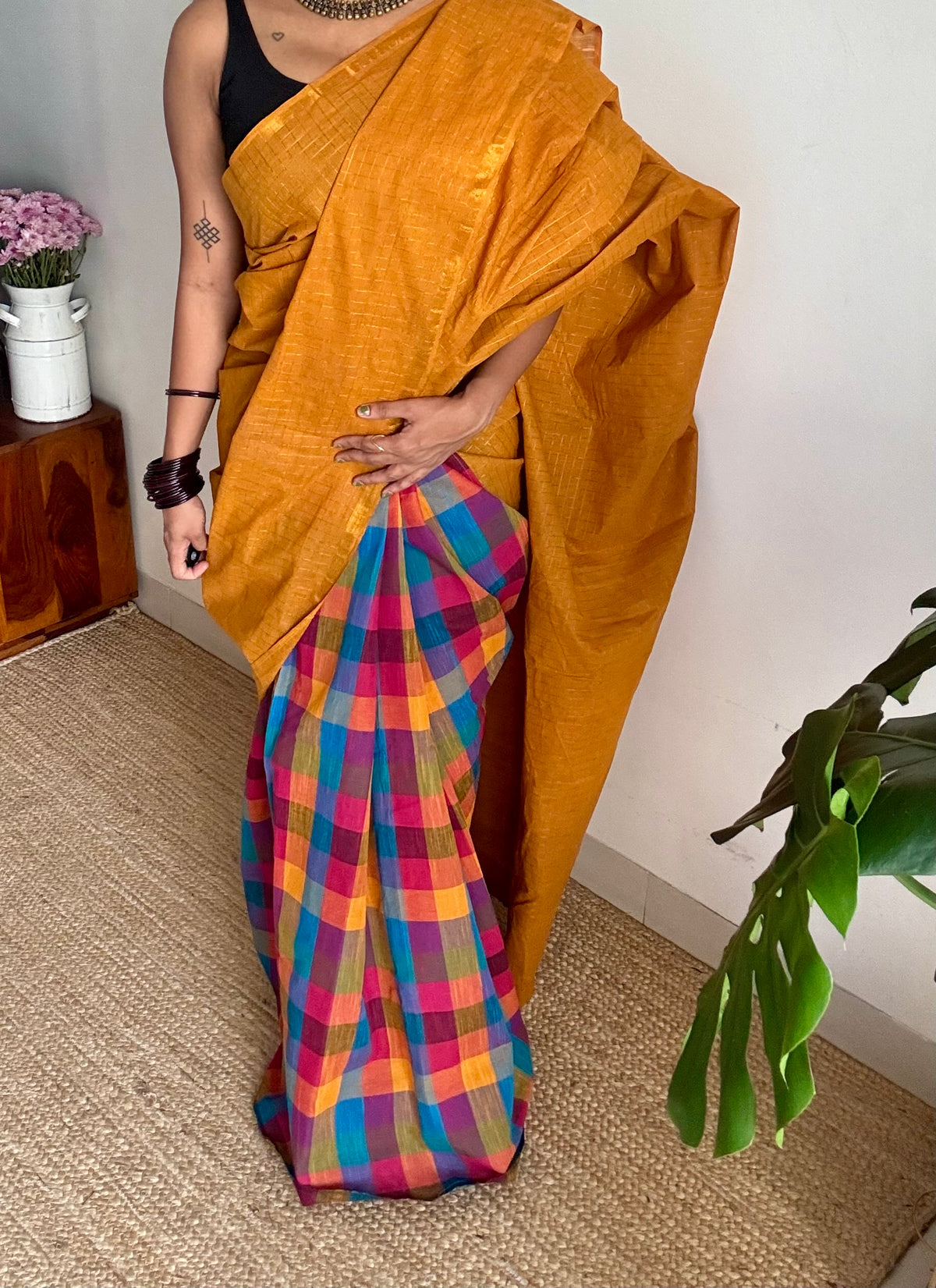 Turmeric yellow mini checks with multicoloured madras checks, cotton half and half saree - YCCOTNIDOC164