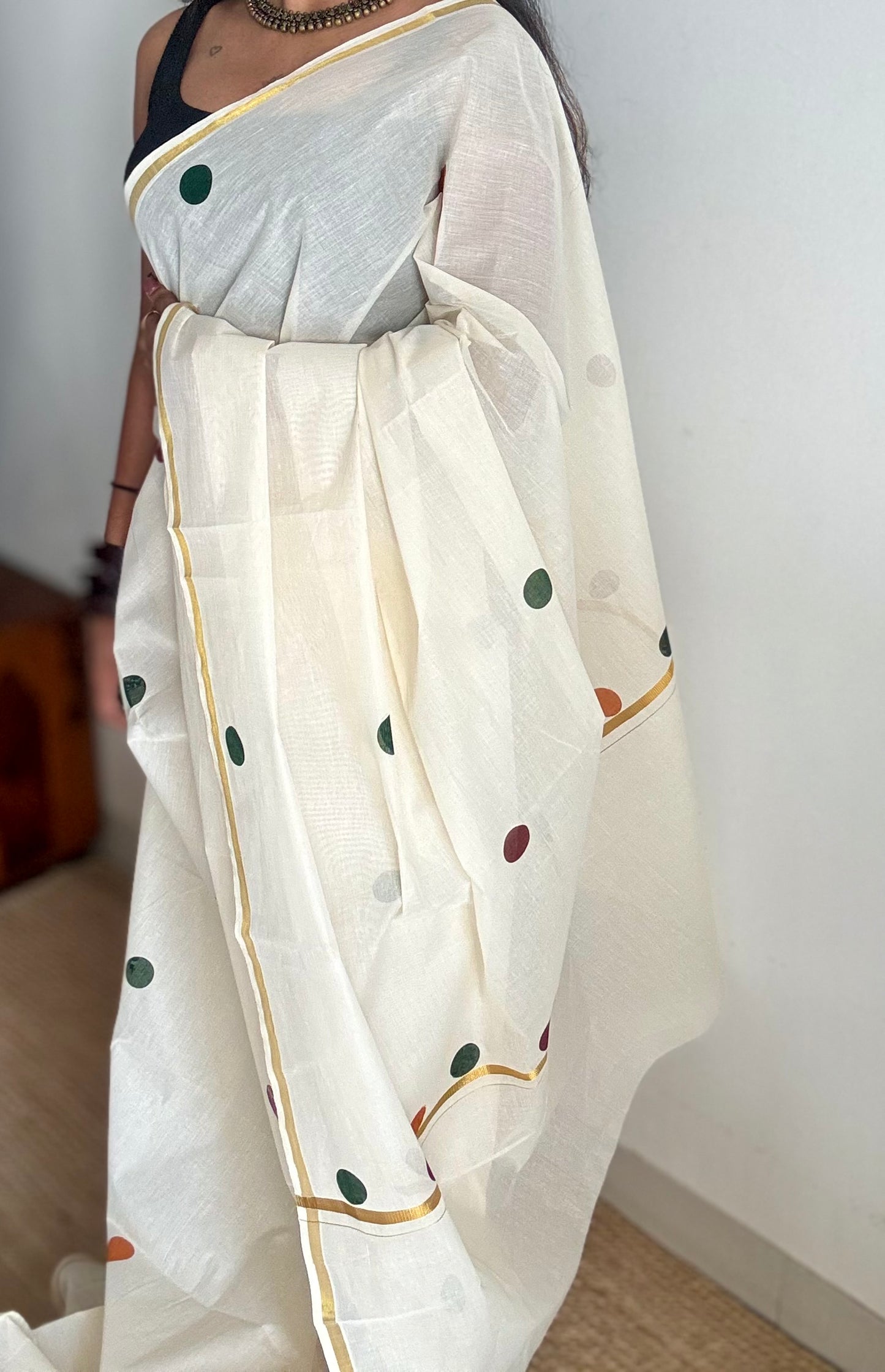 Ivory and gold soft cotton thin border kasavu saree, maroon, green and mustard polka - YCIEON74