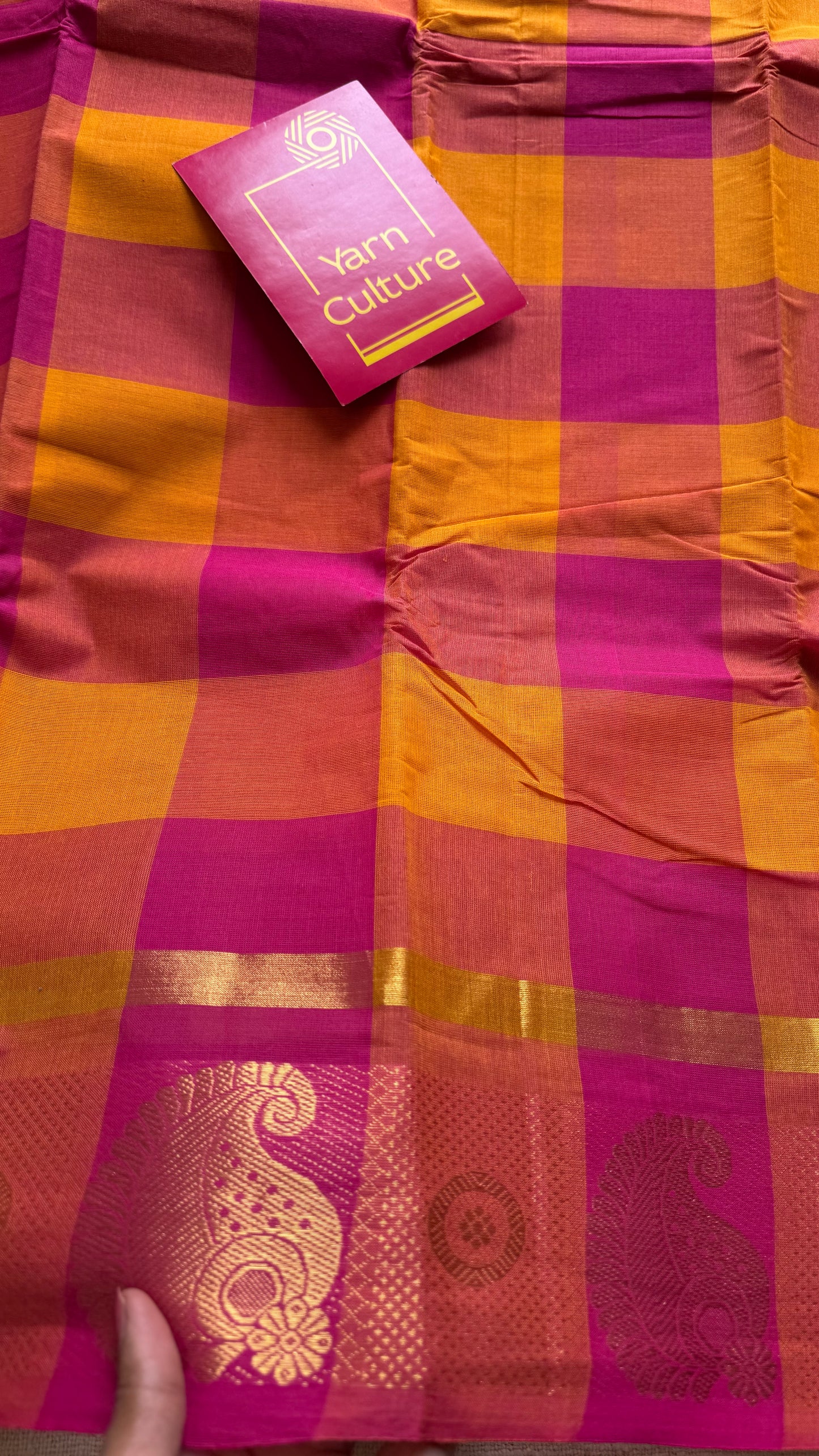 Chettinad cotton saree with yellow and pink checks, paisley motif border - YCCOTNAP66
