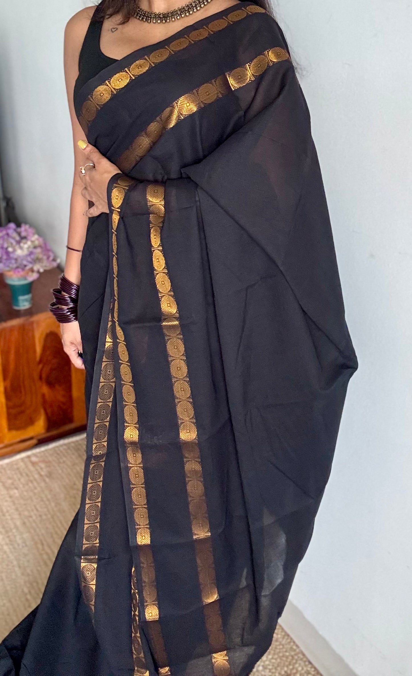Black with round motif gap border, kattuchayam dyed madurai cotton saree - YCCOTNMSFE113