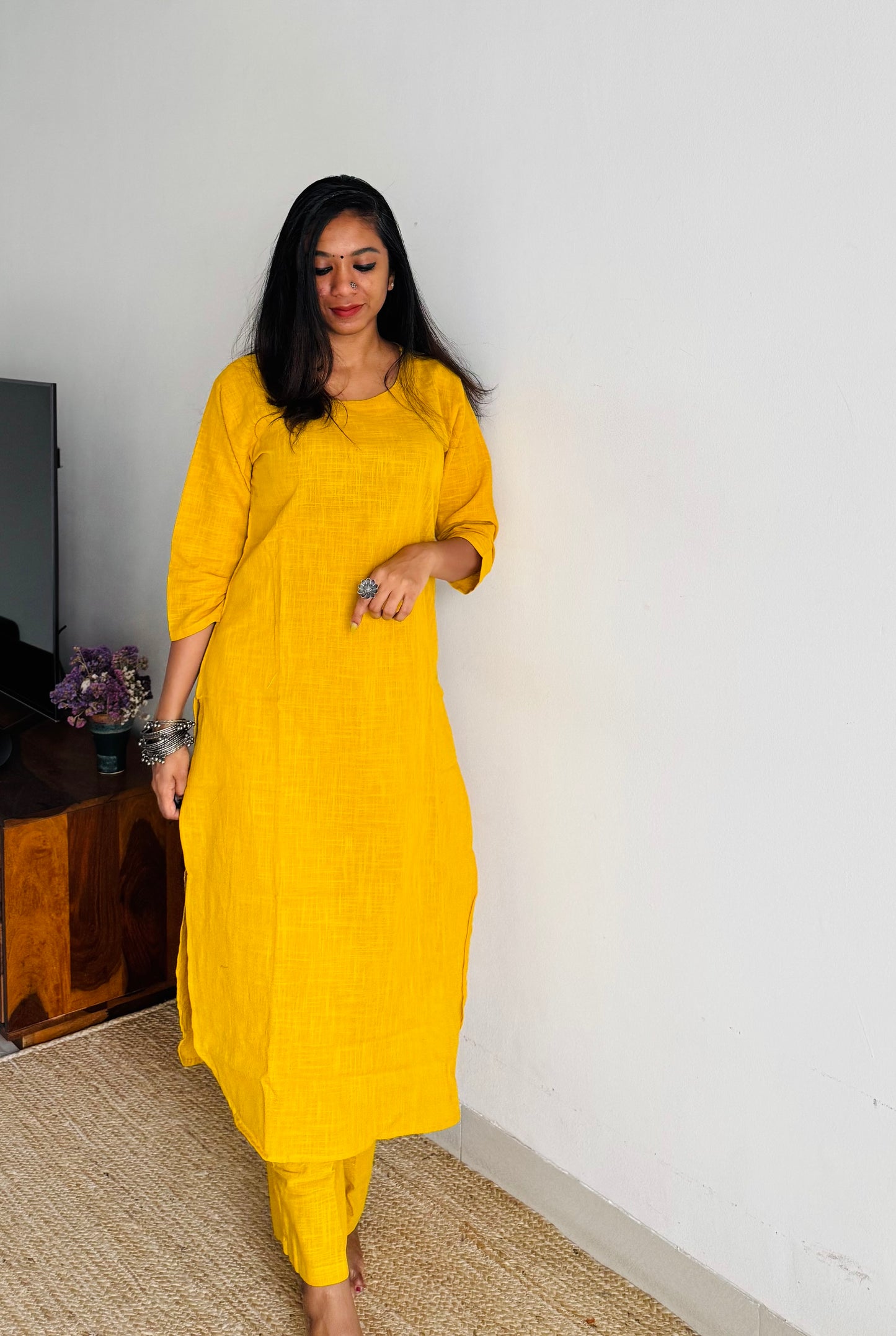 Yellow cotton round-neck stitched kurta co-ord set, three-fourth sleeves - YCSEBPSFE249