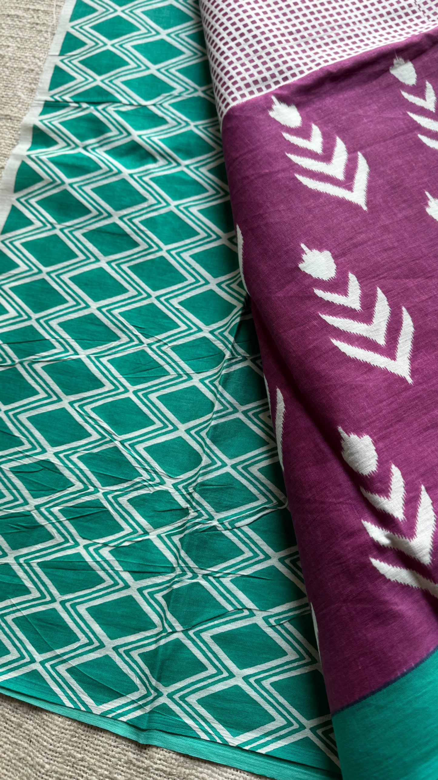 Magenta with turquoise green and white motifs, soft cotton saree - YCTORCMA06