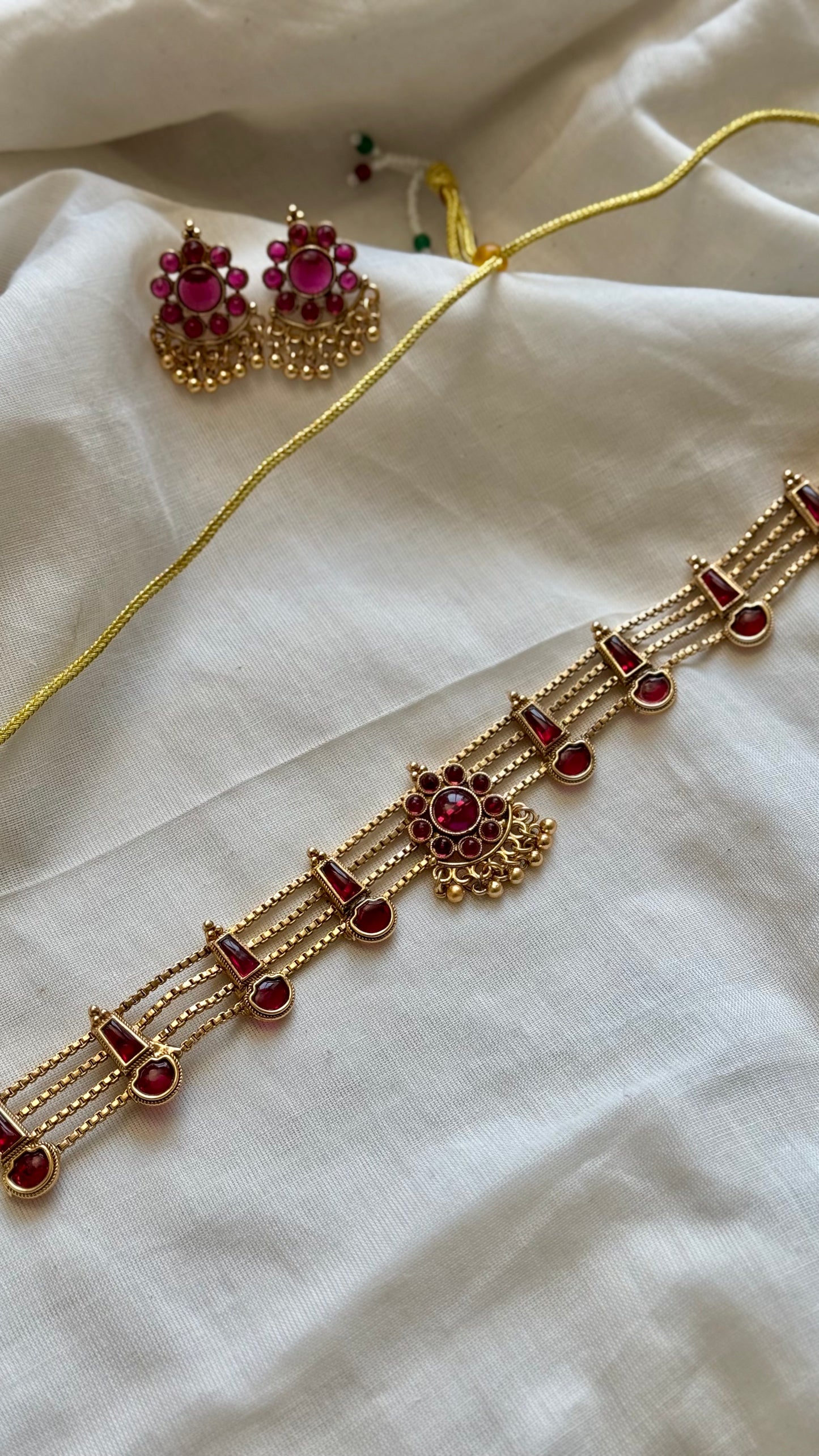 4 layered red pendant neckpiece with earrings - YCGPNP640