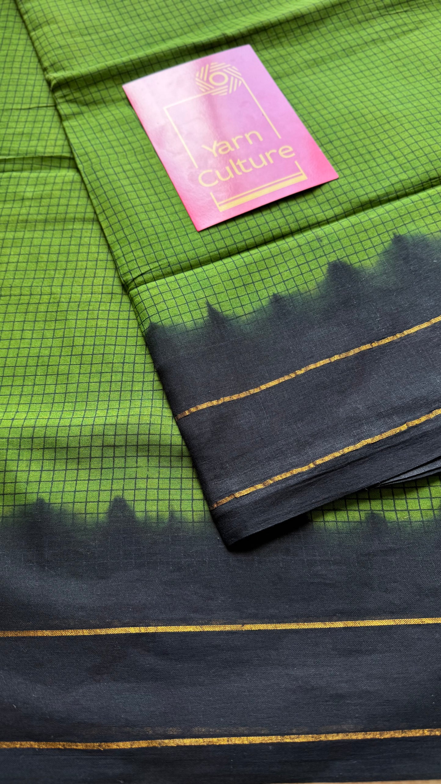 Green with black contrast, checkered kattuchayam dyed madurai cotton saree - YCCOTNMA233