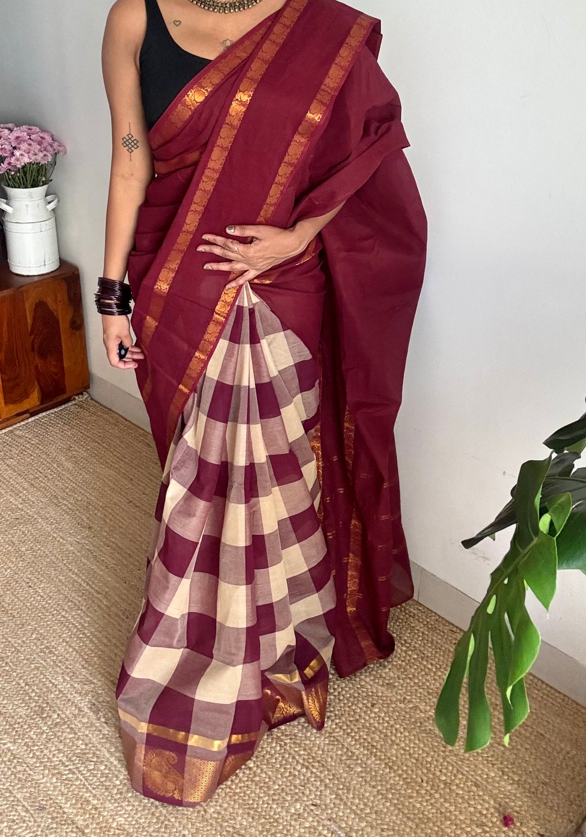 Maroon with multicoloured checks, cotton half and half saree - YCCOTNIDOC126