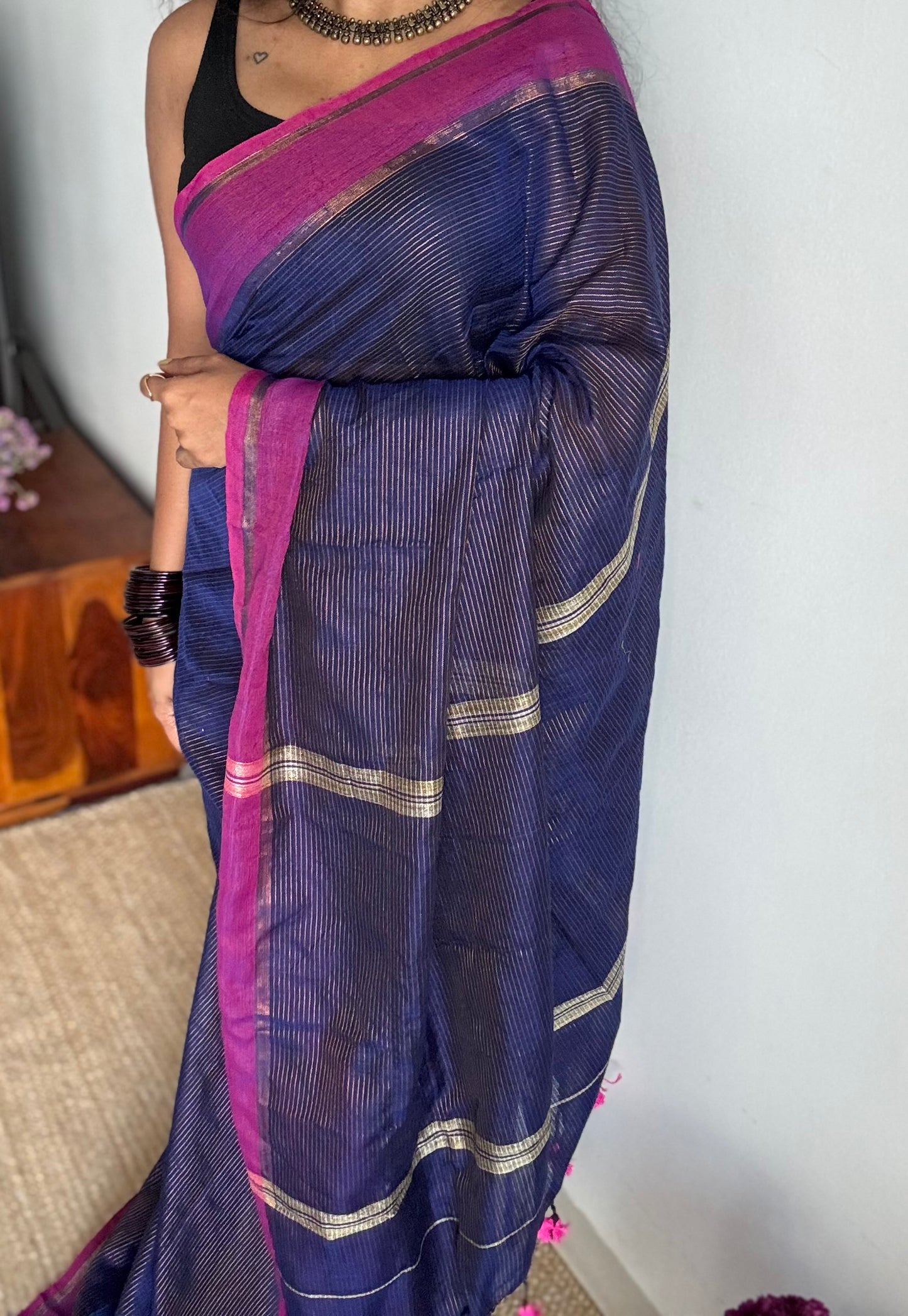 Dark blue with magenta gap border, gold zari stripes, soft cotton - YCBCKCZDE129