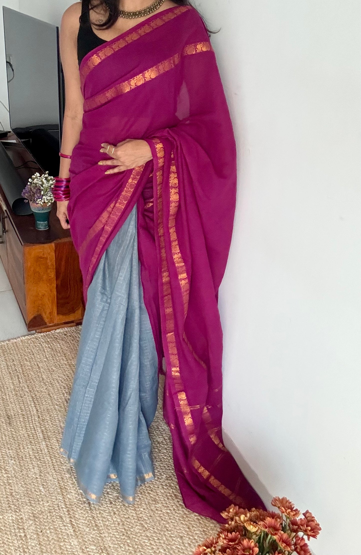 Mallinila (மல்லிநிலா): vaadamalli purple pink with grey, sungudi cotton - YCENOID13