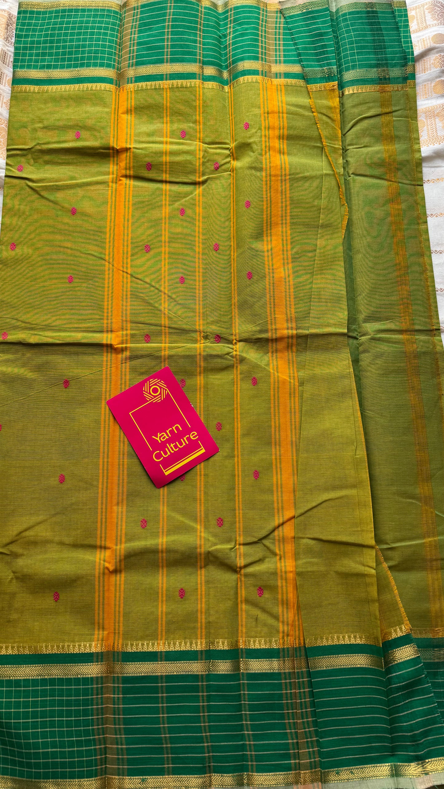 Light green and dark green contrast, Chettinad cotton saree with checkered border - YCCOTNMA274