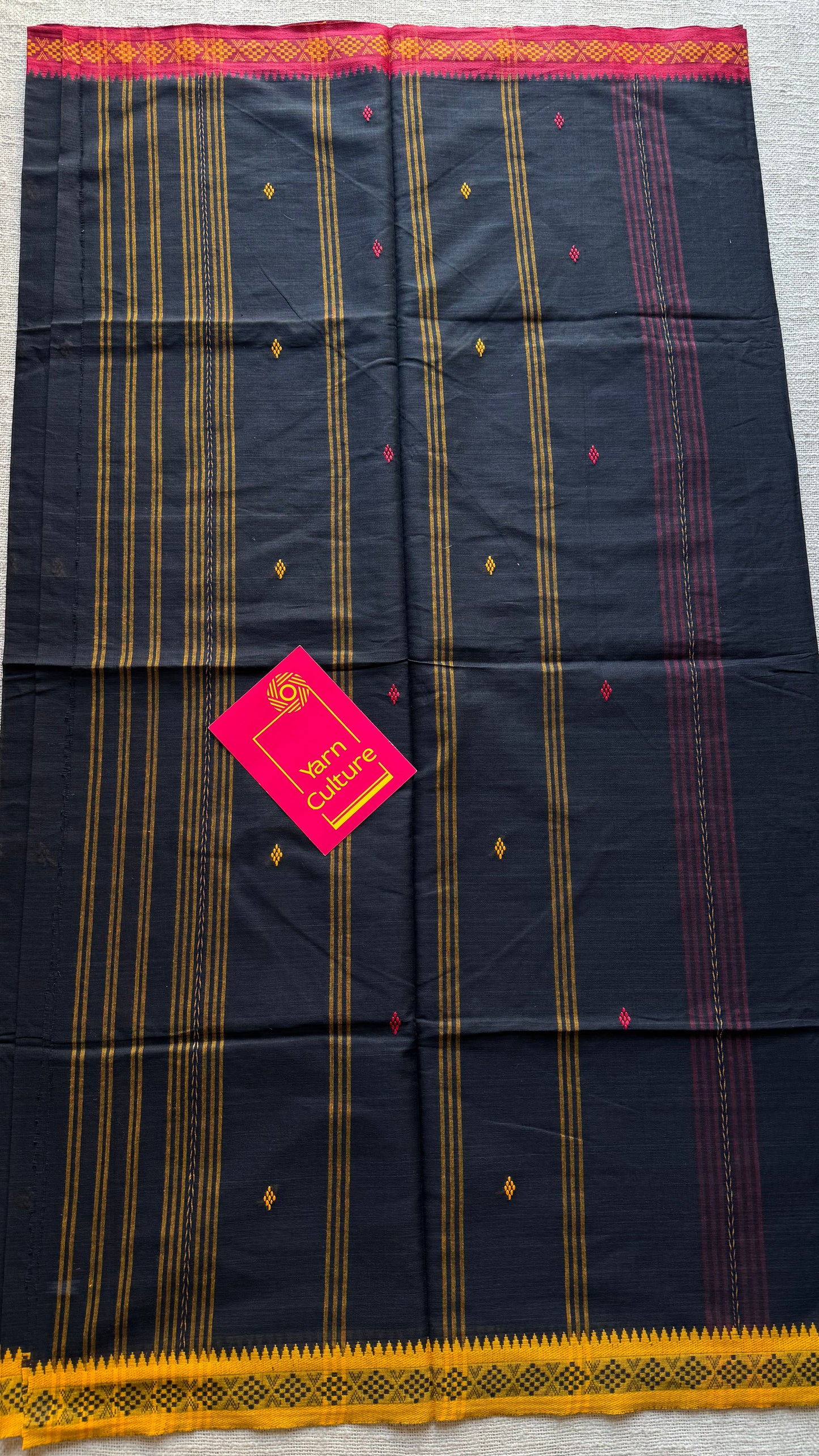 Dhonekhali handloom soft cotton saree, black with red and yellow woven buttas and border - YCBCDFE259