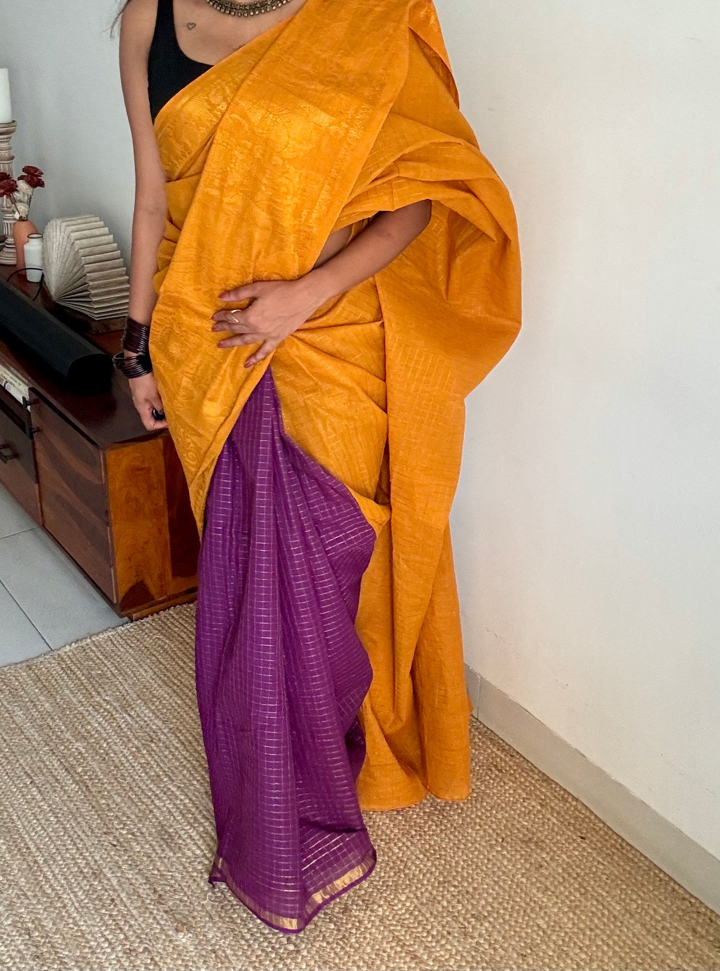 Turmeric yellow with purple, sungudi cotton half-half saree - YCCOTNIDMA316