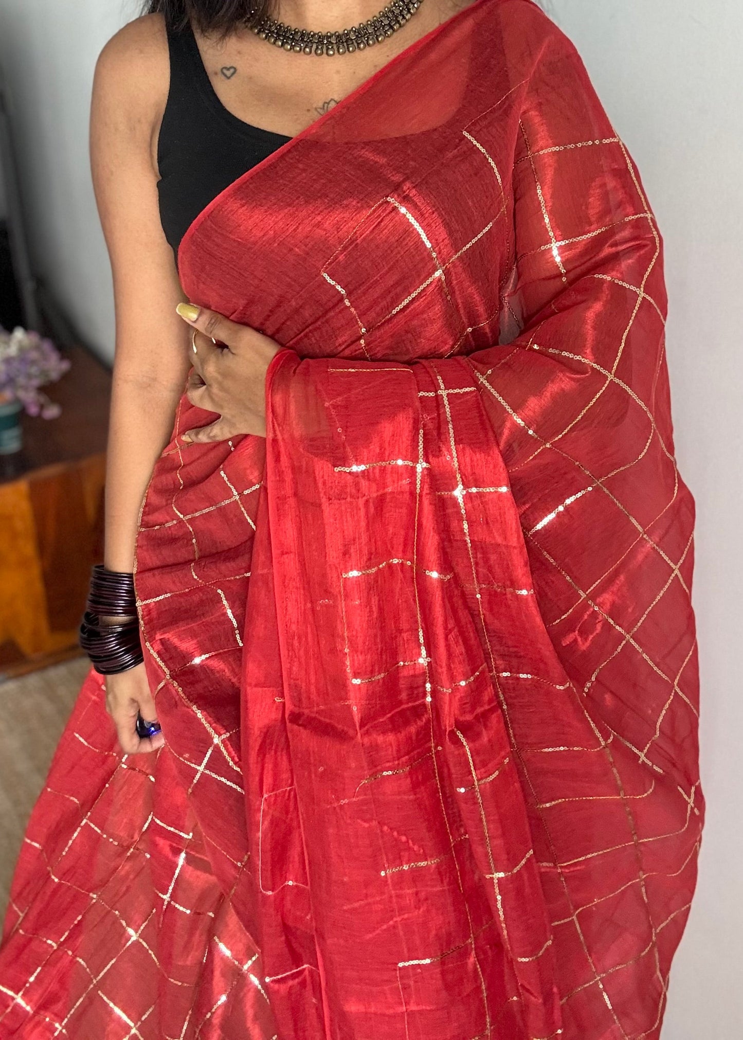 Red, checkered sequins work, mul tissue - YCBCMCJA07