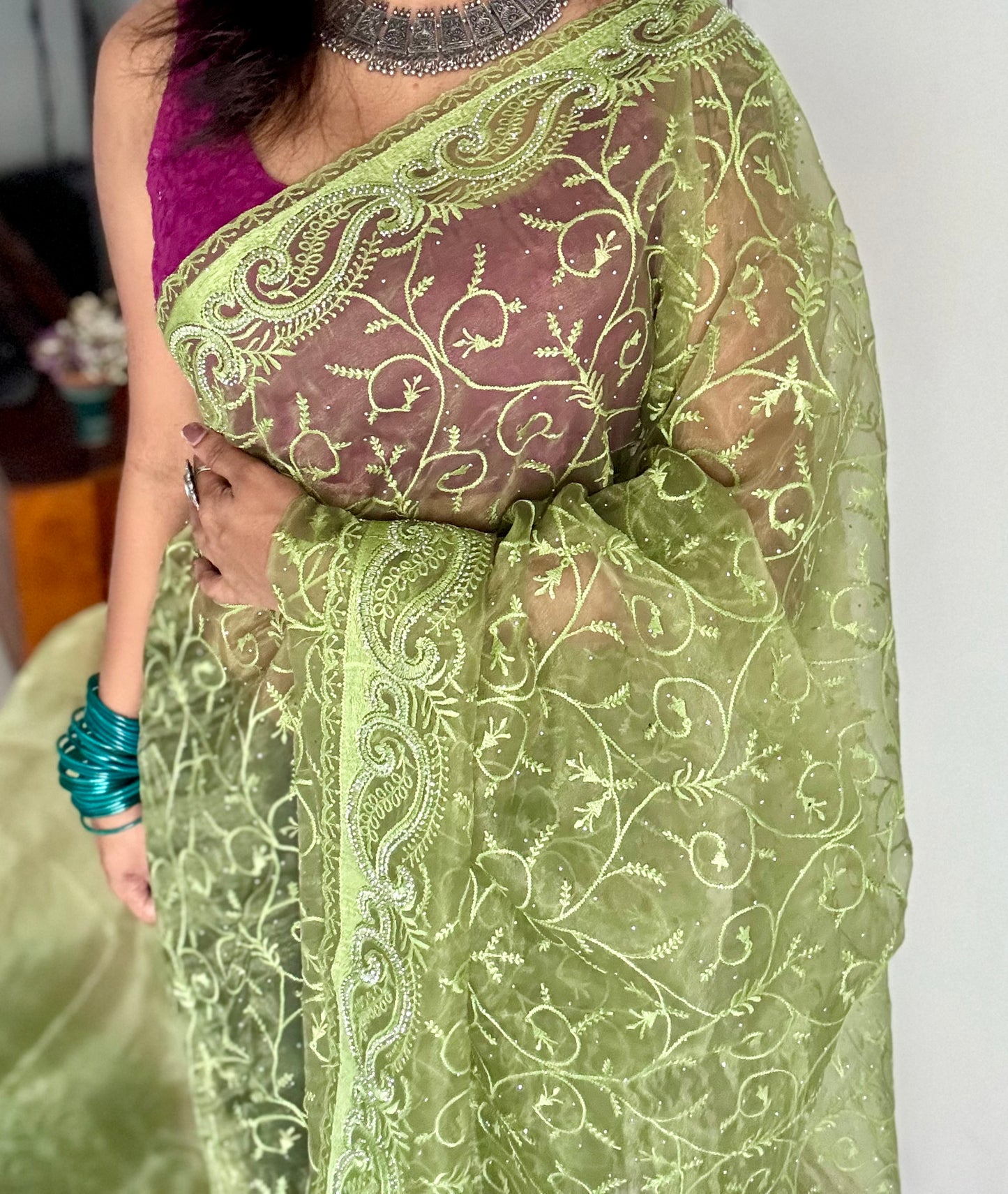 Olive Confetti - green organza, with theadwork and sequins - YCDOSNO32