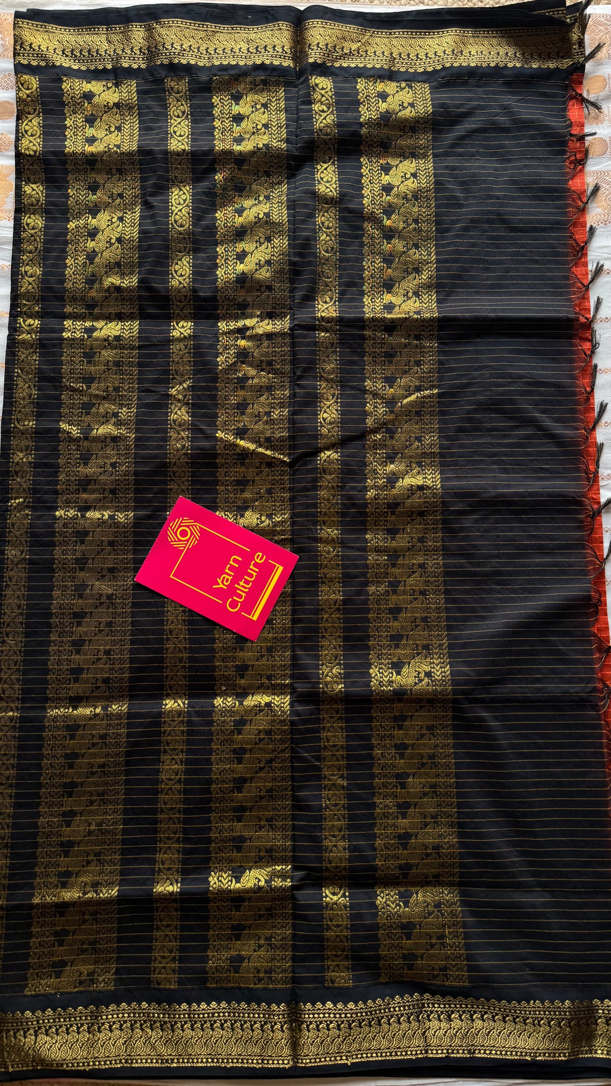 Orange with black, zari checkered saree, cotton silk - YCCOTNKCOC101