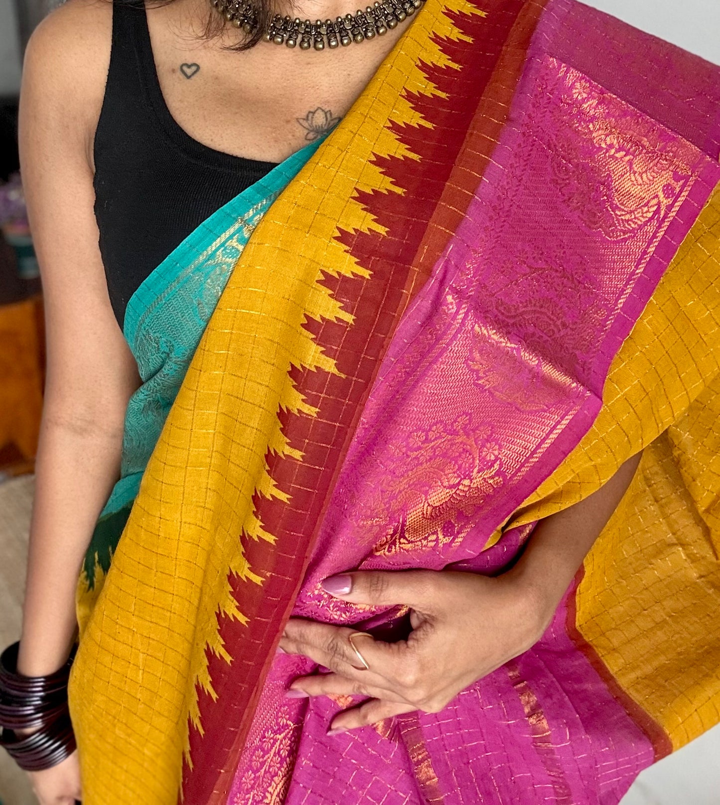 Sungudi cotton checks, mustard yellow base, turquoise and magenta dual tone border, soft cotton - YCCOTNGJJA179