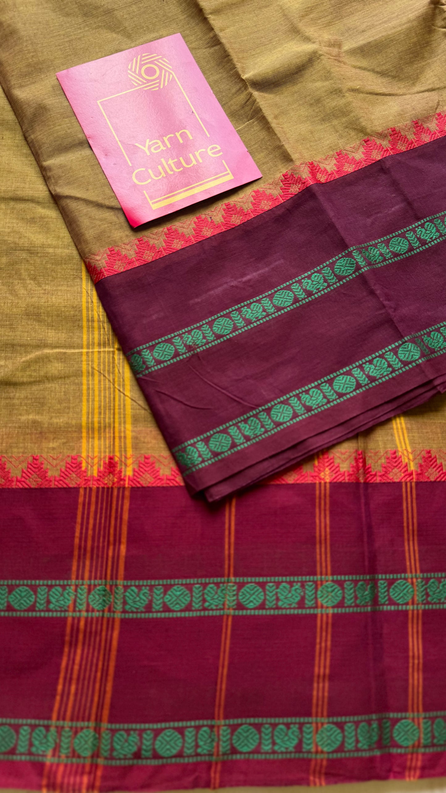Chettinad cotton saree in ginger green with wine and maroon thread borders - YCCOTNJUCC12